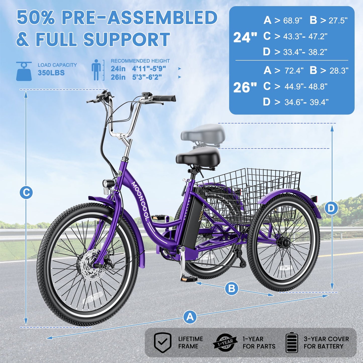 MOONCOOL Electric Trike for Adults,26 Inches 7 Speeds 3 Wheels Electric Bikes , 350W Motorized Electric tricycle with 10.4Ah Removable lithium battery，UL2849