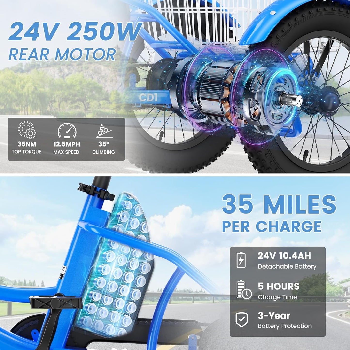MOONCOOL Electric Tricycle for Kids ,16"x3" 3 Wheel 250W 10.4Ah Etrike W/ LED headlight & Rear Basket & horn bell & DIY stickers，6/9/12.5 MPH