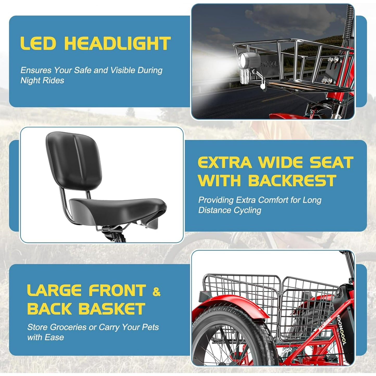 Lilypelle Electric Tricycle for Adults,15.5MPH 500W 48V 14.5Ah Lithium Battery UL Certified, 7-Speed Aluminum Ebike 3 Wheels Bike with Front & Rear Baskets，20x4in Fat Tire E-Trike