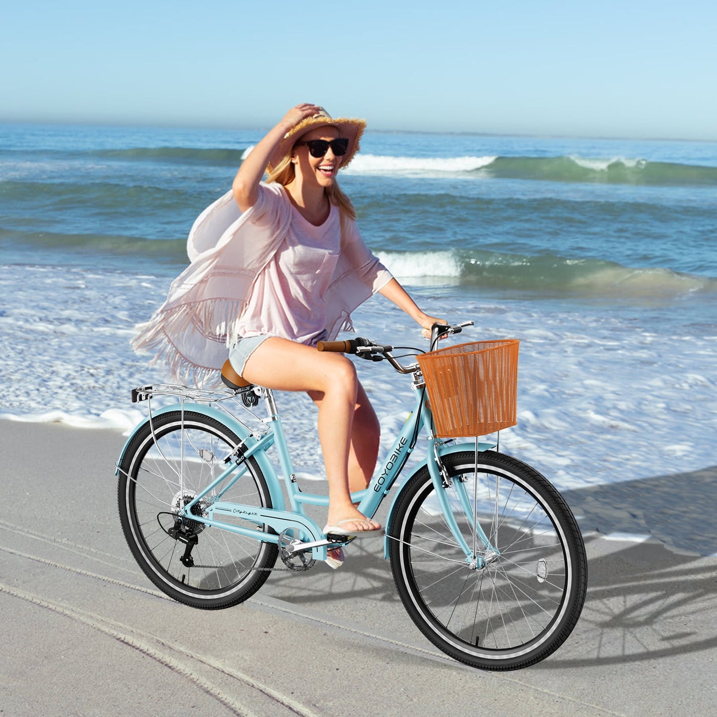 Lilypelle Womens Bike, 7 Speed Bike for Adults Women 24 26 inch with Ratten Basket & Rack, Beach Cruiser Bike for Women, Womens Bicycle for Commuting, Step Through City Bikes for Women Adults Ladies