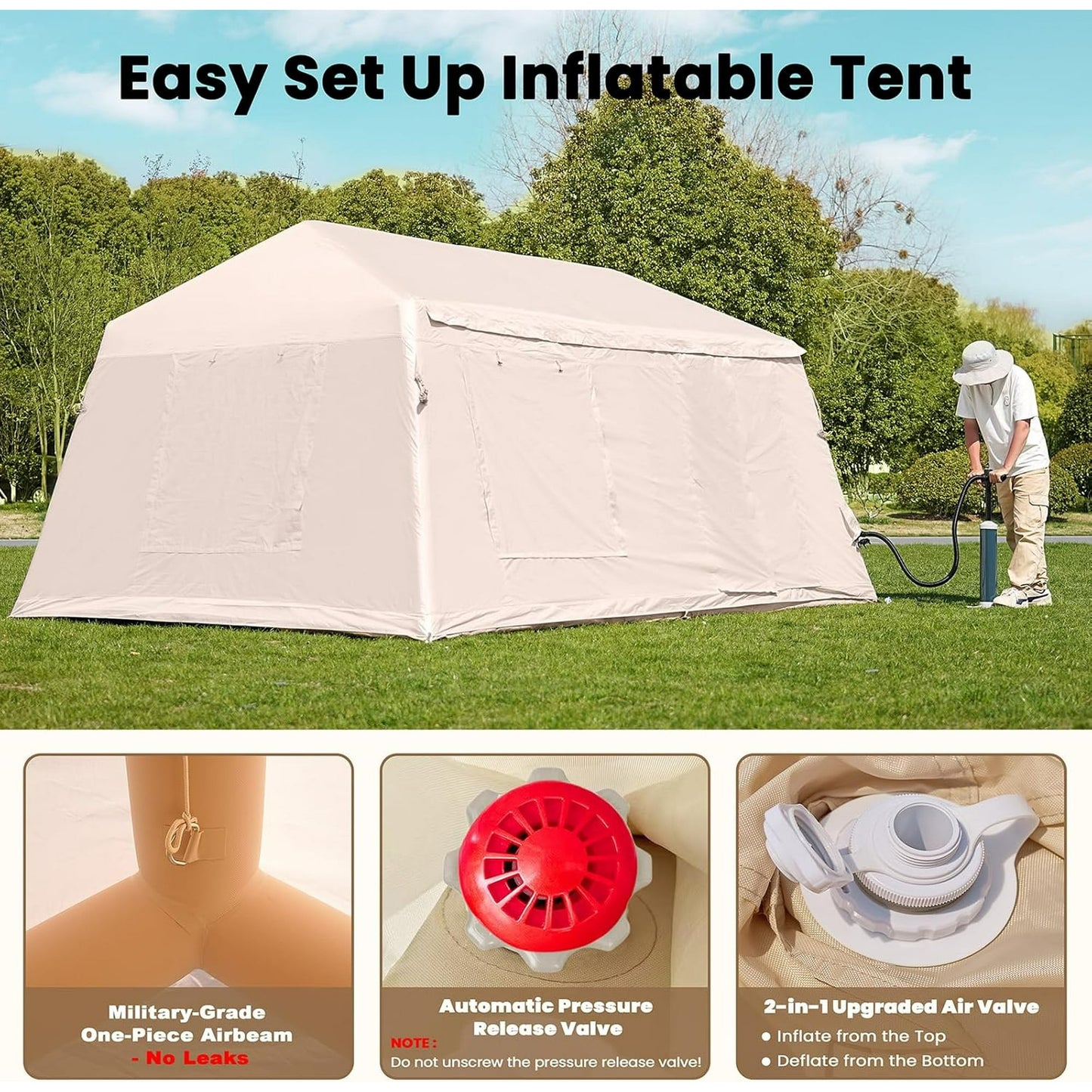 Lilypelle 8-10 Person Blow Up Inflatable Tent, with Removable Canopy and Stove Jack, 2 Room Instant Setup Air Cabin, Waterproof Oxford Hot Camping Tent for Family Glamping，2 Room Tent + Canopy - 13ft X 9ft X 6.5ft