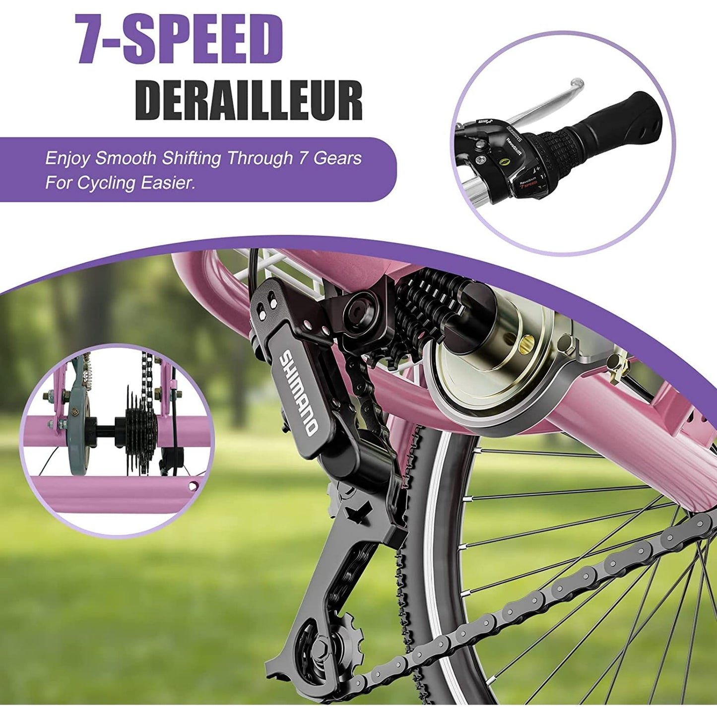 Lilypelle Adult Tricycles 7 Speed 24 inch Three Wheel Bike Cruiser Trike with Low-Step Through Frame/Large Basket for Men, Women, Seniors,Pink