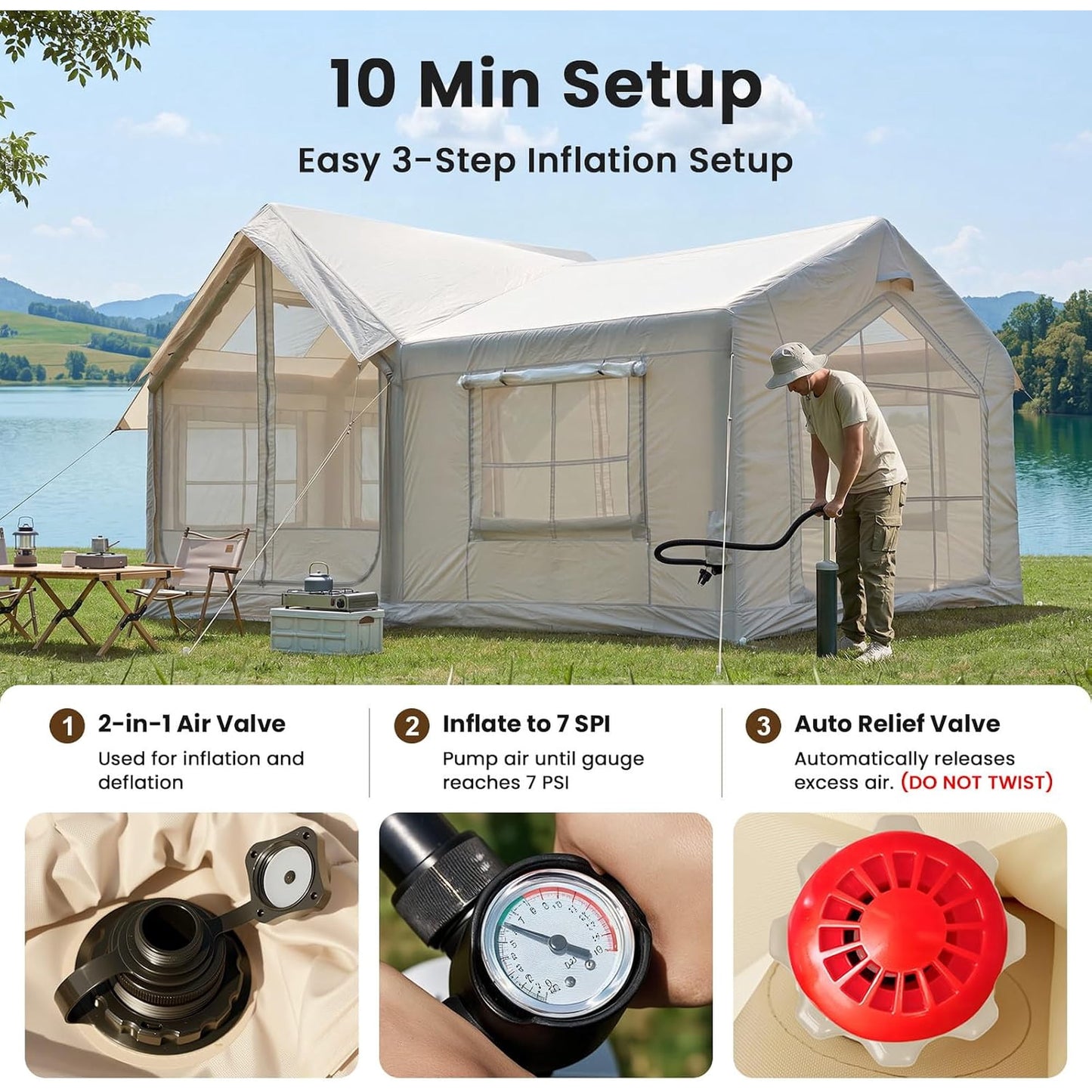 Lilypelle 6-8 Person Blow Up Inflatable Villa Tent, 2 Room Hot Tent with Stove Jack & AC Port, Large Camping Tent with Hand Pump, Waterproof Air House for Family Glamping,13.78x9.84ft