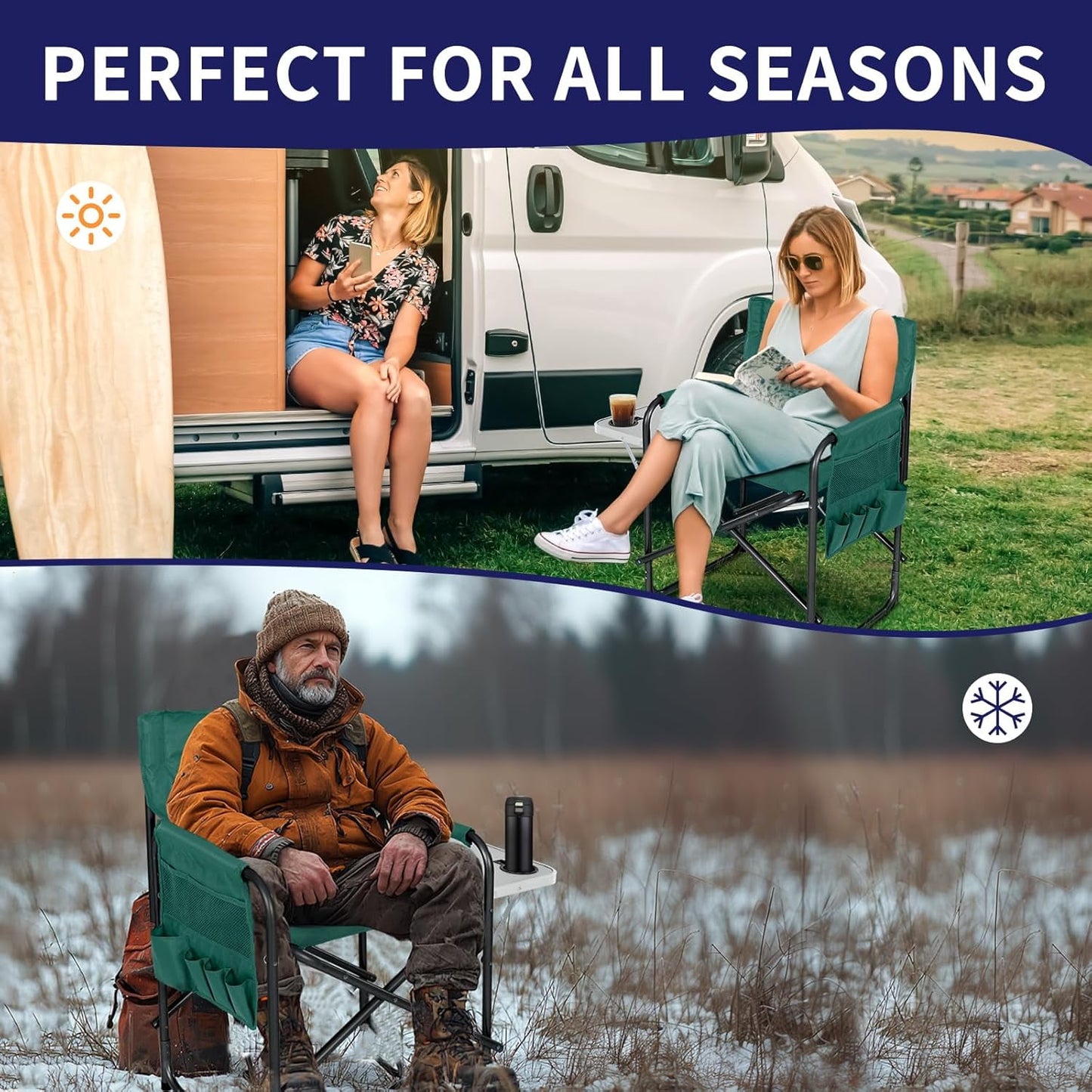 Lilypelle Oversized Heated Camping Chair, Portable Directors Chair with 3 Heat Levels, Heavy Duty Outdoor Heating Folding Chair Camp with Side Table, Pocket for Camping, Fishing, Picnic