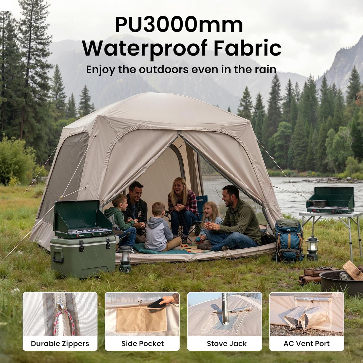 Lilypelle 4-6 Person Inflatable Camping Tent, 9.8ft x 9.8ft x 7.2ft Easy Setup Blow Up Tent with Hand Pump, PU3000mm Waterproof & Breathable 4 Season Glamping Tent for Outdoor Camping
