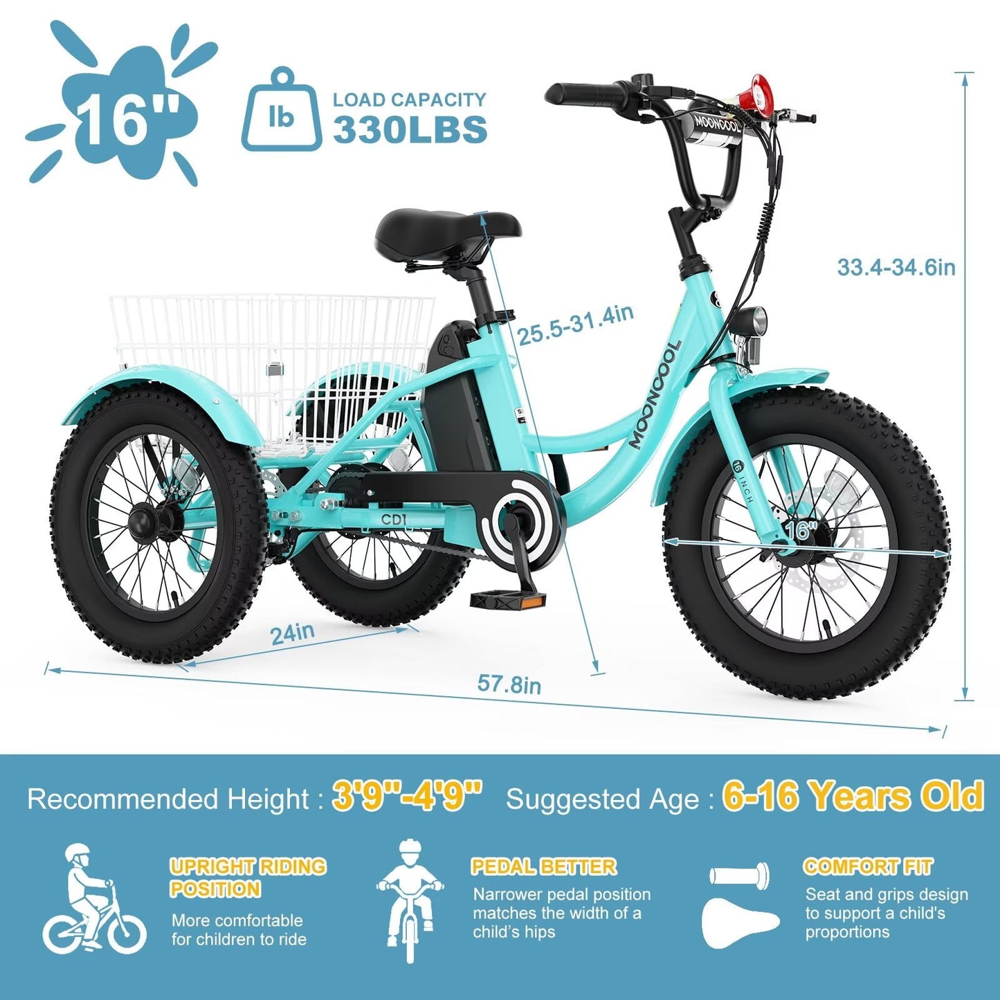Lilypelle Electric tricycle for Kids , 6/9/12Mph three wheel electric bike w/ 250W motor， 24V 10.4Ah Battery, Headlights & Horn, Large Rear Basket ,2 sets of DIY stickers,16"x3" Wheel,30Miles
