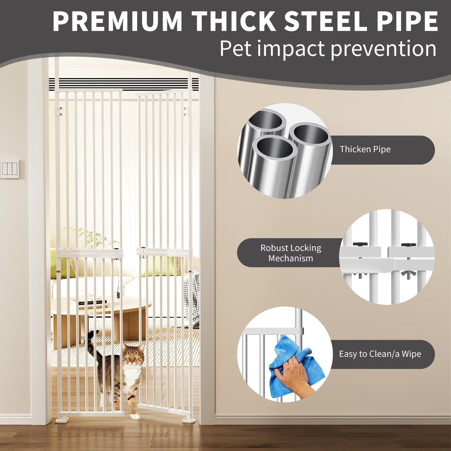 Lilypelle Extra Tall Steel Pet Gate, Adjustable 33.4-35.8 Inch Wide, 74.8-96.5 Inch Tall, Pressure Mounted, Walk-Through Swing