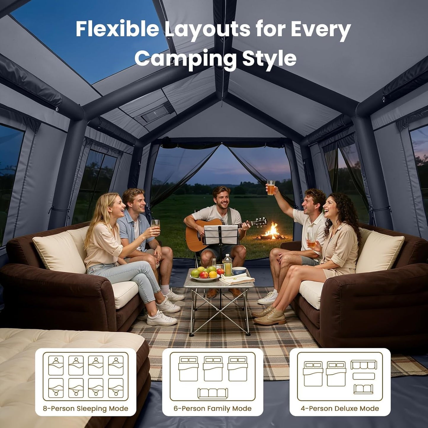 Lilypelle 8-10 Person Blow Up Inflatable Tent, with Removable Canopy and Stove Jack, 2 Room Instant Setup Air Cabin, Waterproof Oxford Hot Camping Tent for Family Glamping