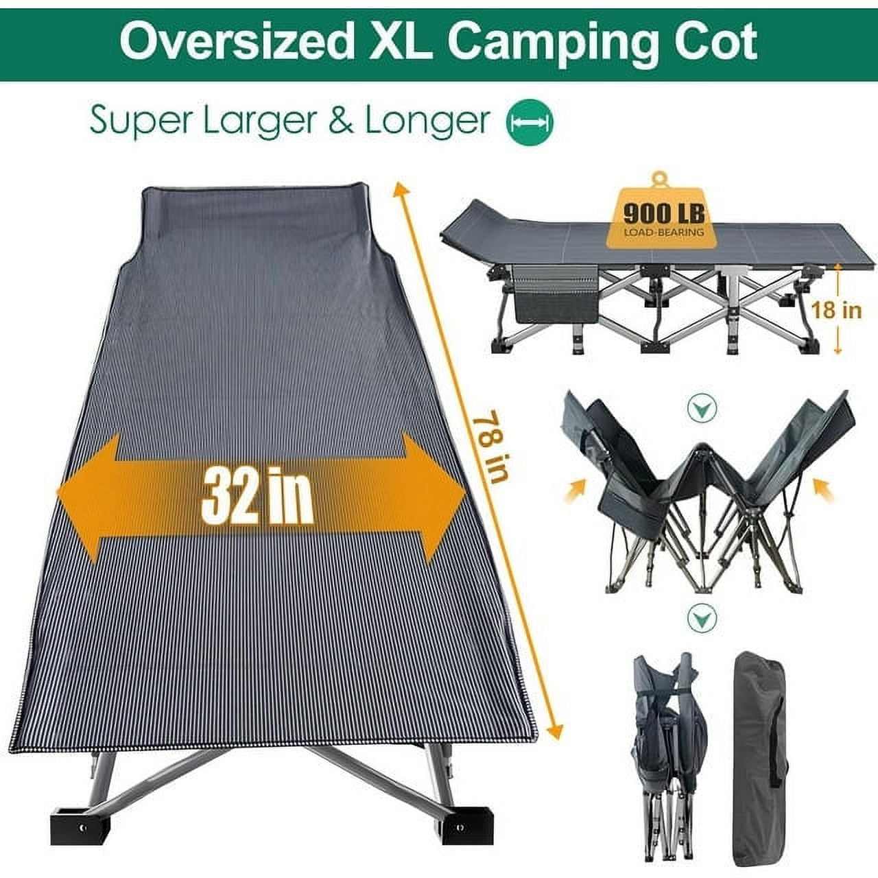 Lilypelle Oversized XXL Folding Camping Cot for Adults, 32" XXL Wide Folding Cot Bed for Sleeping with 2 Sided Mattress & Carry Bag, Tent Cot, Supports 900 lbs
