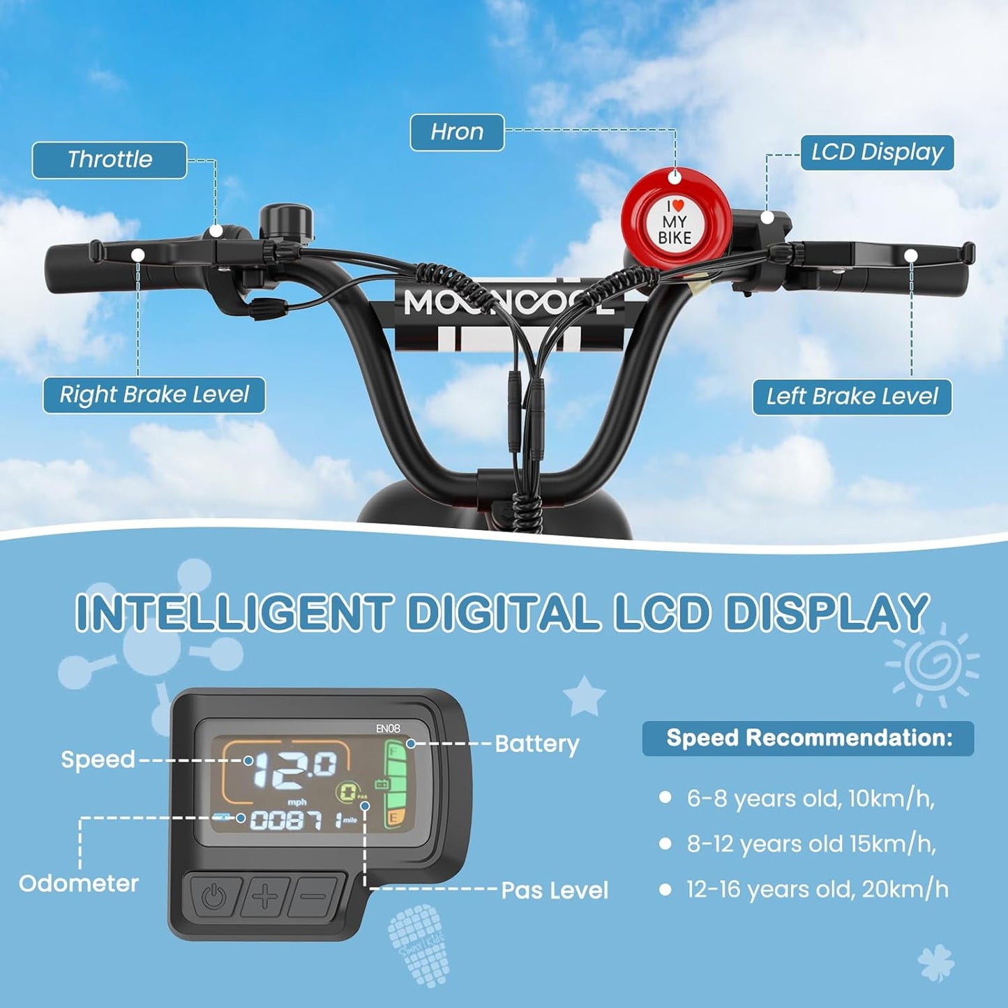 Mooncool Electric Tricycle for Kids , 3 Wheels 16"x3" Fat Tire Tricycle Electric Trike Cruiser Bicycle, 250W Aluminum Frame Electric Trikes Etrike with 10.4Ah Removable Battery and Rear Basket