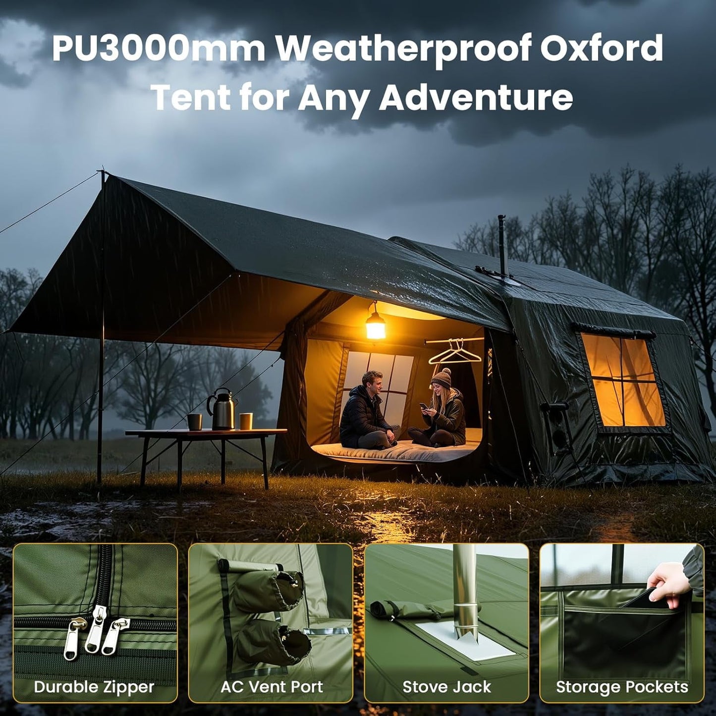 Lilypelle 4-6 Person Blow Up Inflatable Tent w/ Canopy,10.5ft x 8.2ft x 6.9ft Hot Tent w/ Stove Jack, Easy Setup Air Camping Tent w/ Hand Pump, Waterproof Inflatable House for Family Glamping，Green