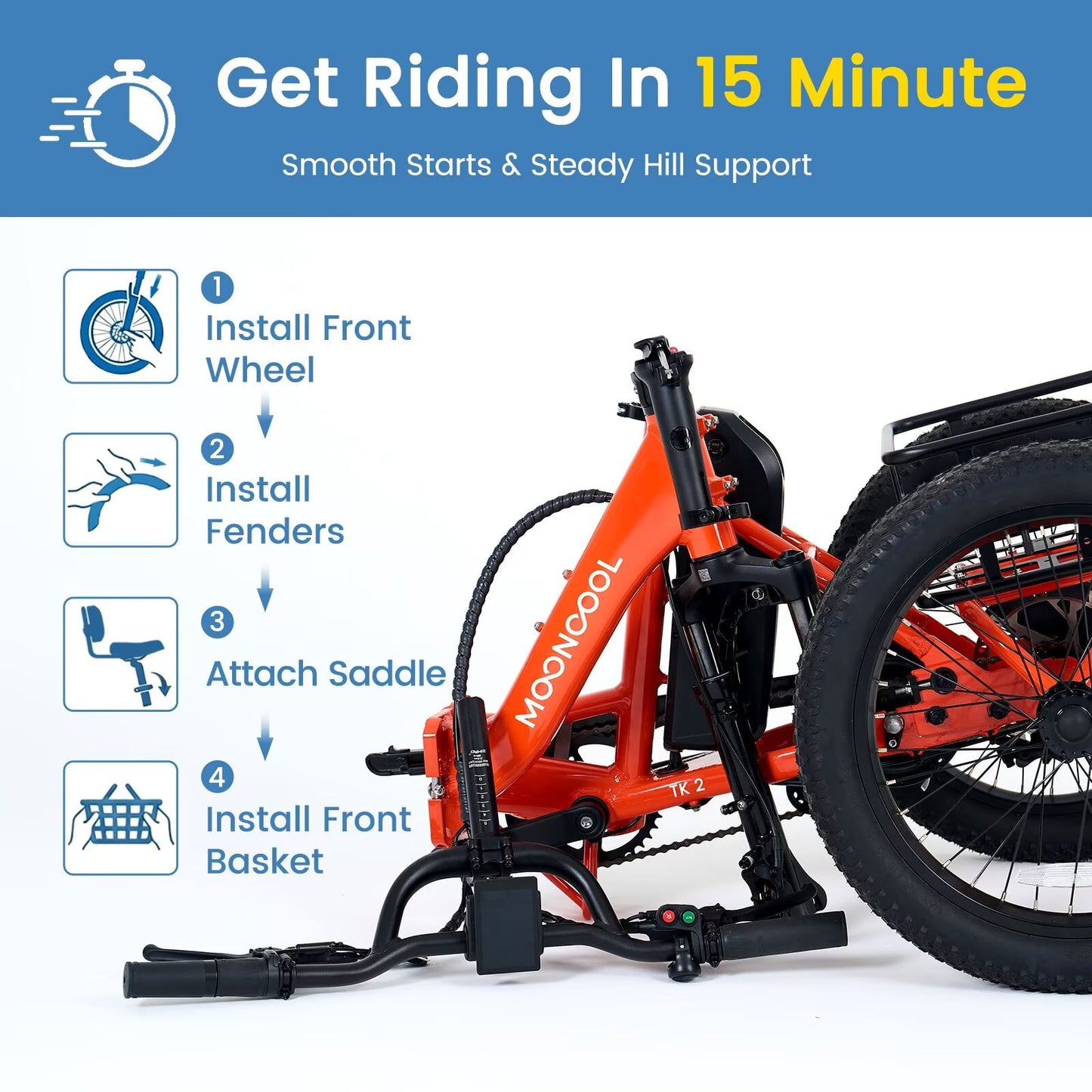 MOONCOOL TK2 Adult Electric Tricycle with Reverse, 48V 15Ah Removable Battery, Peak 1000W Motor, 20x3.0" Fat Tire, 60-Mile Range, 15.5 MPH