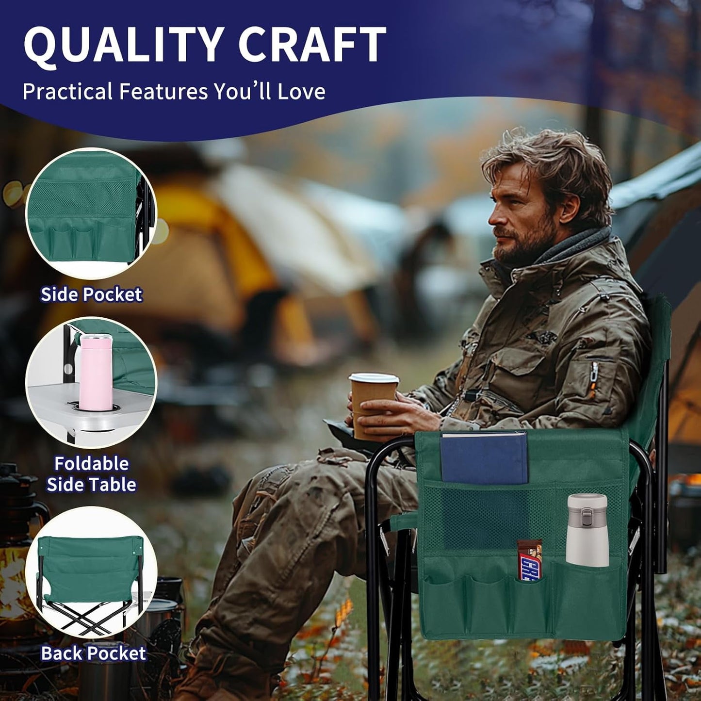 Lilypelle Oversized Heated Camping Chair, Portable Directors Chair with 3 Heat Levels, Heavy Duty Outdoor Heating Folding Chair Camp with Side Table, Pocket for Camping, Fishing, Picnic