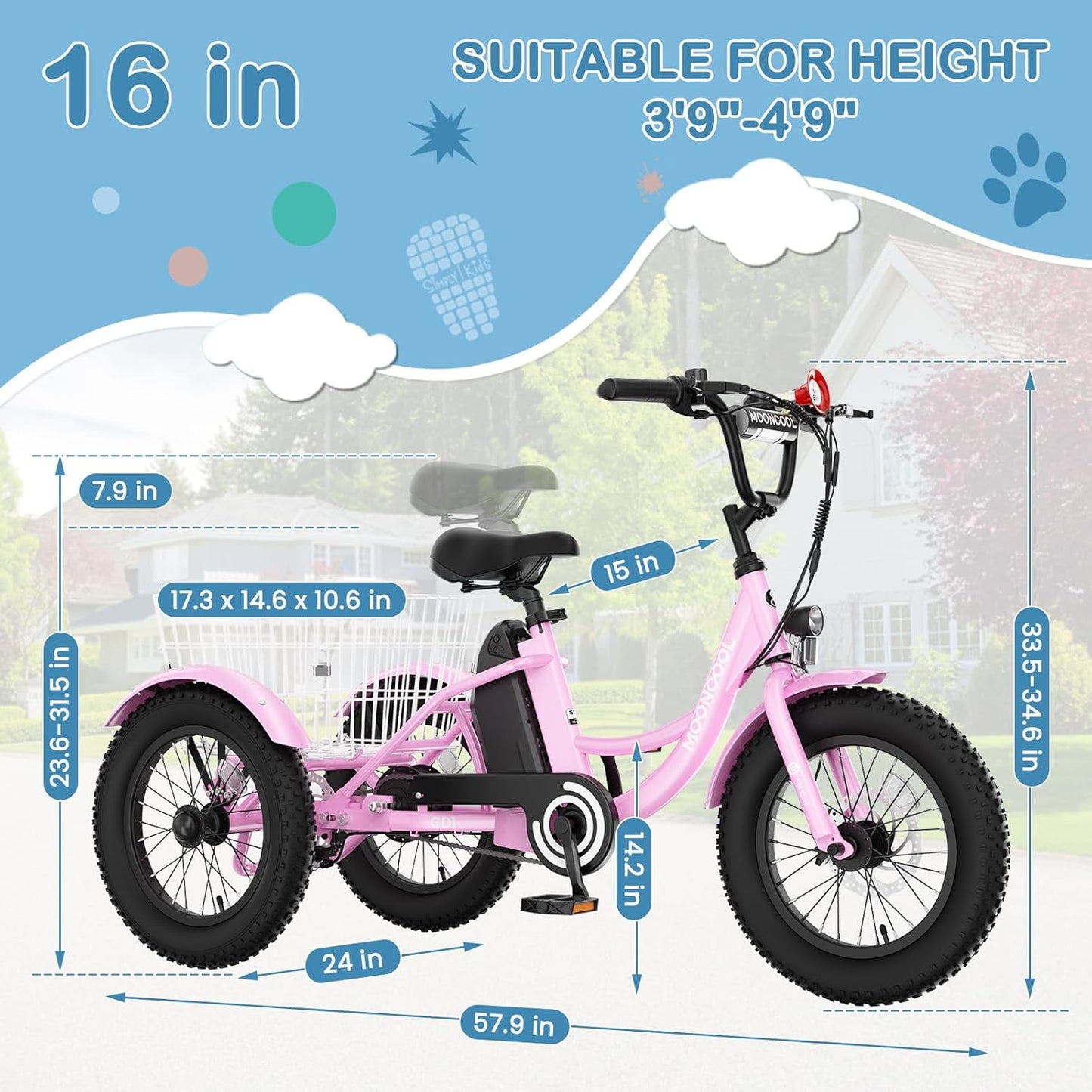 Mooncool Electric Tricycle for Kids , 3 Wheels 16"x3" Fat Tire Tricycle Electric Trike Cruiser Bicycle, 250W Aluminum Frame Electric Trikes Etrike with 10.4Ah Removable Battery and Rear Basket