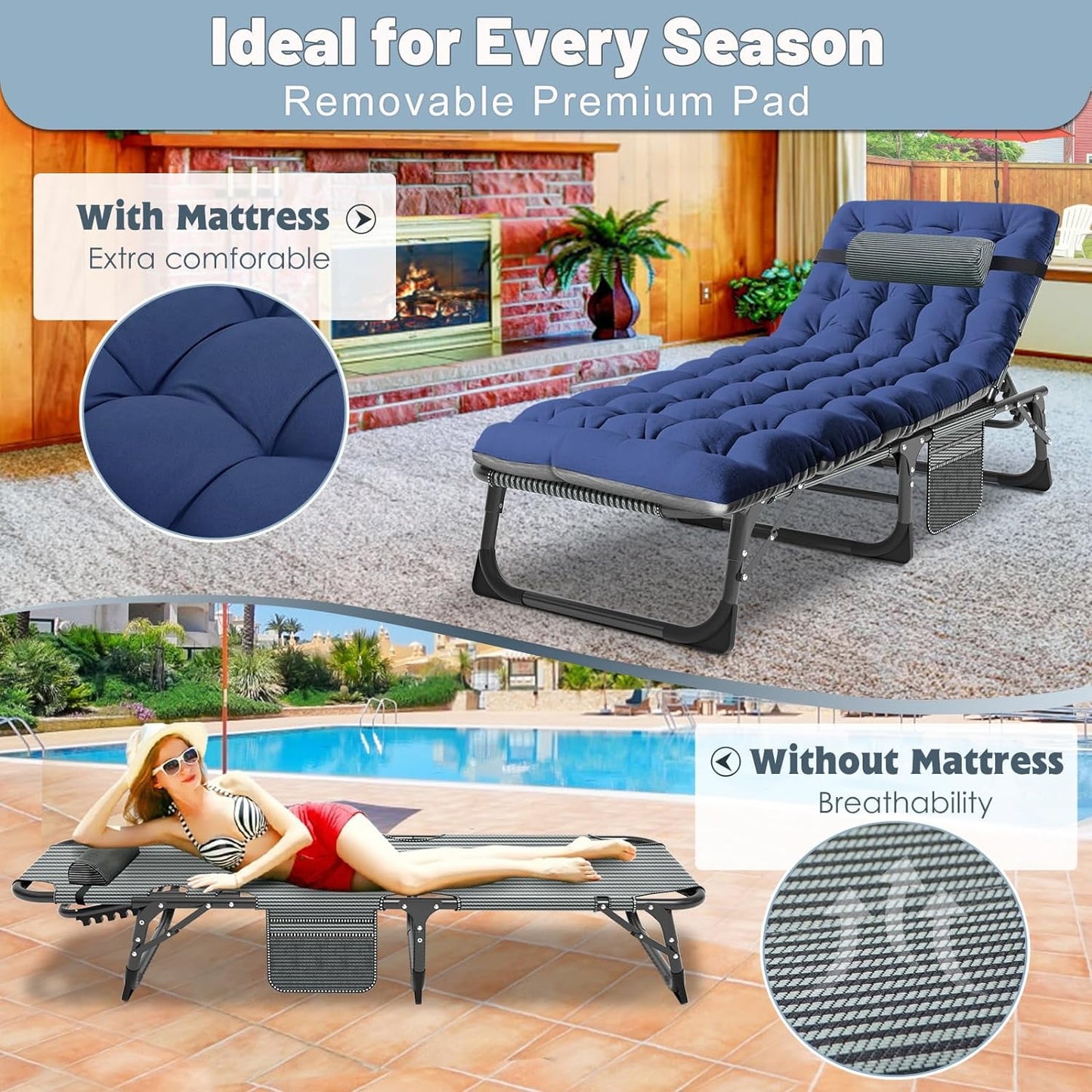 Lilypelle Camping Cot, Adjustable 4-Position Adults Reclining folding Chaise with Pillow, Outdoor portable Lounge Chair Sleeping Cots Bed, Perfect for Camping, Pool, Beach, Patio