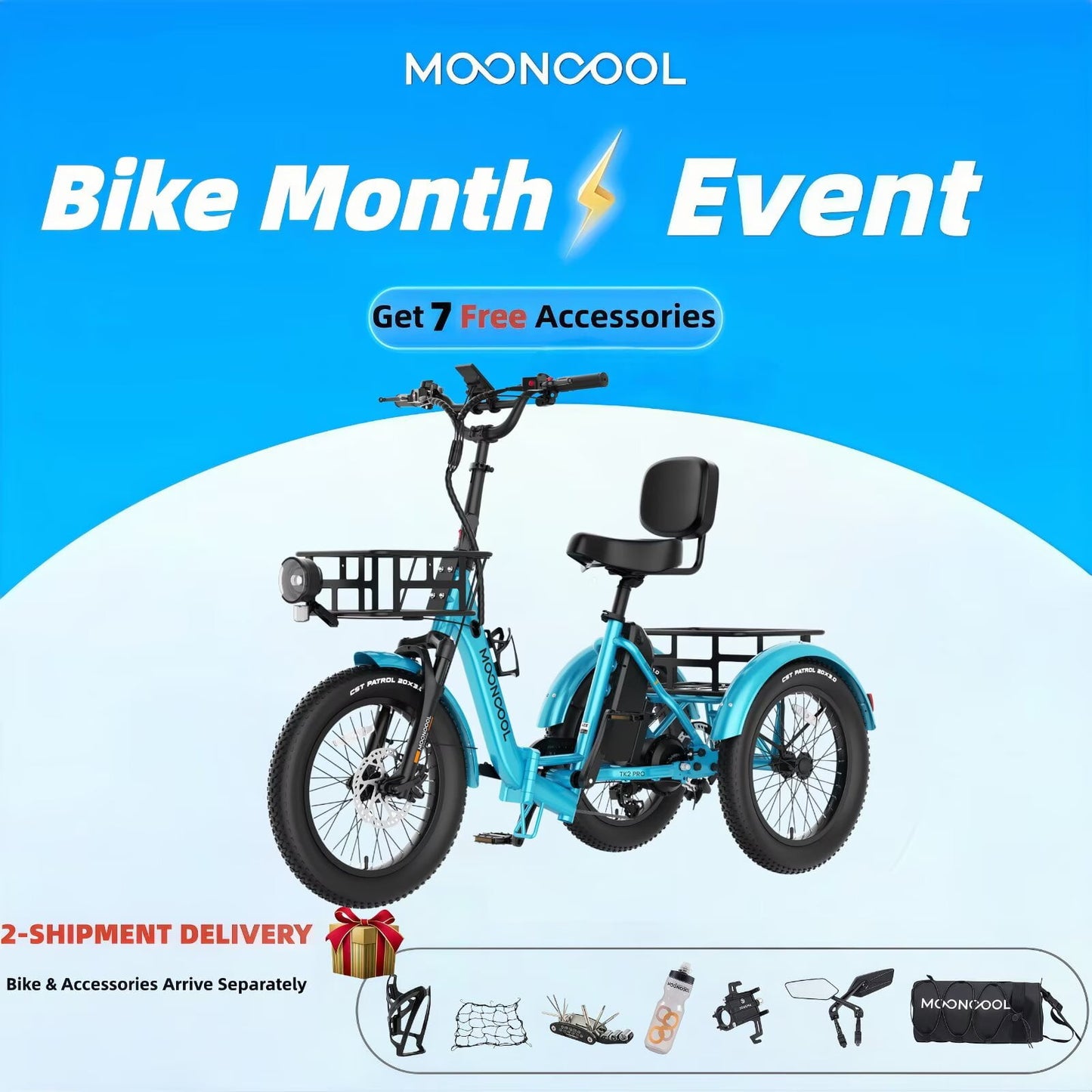 MOONCOOL TK2 PRO Adult Folding E-Trike with Reverse, 6-Speed, 48V 20Ah Battery, 1500W Peak, 20" Fat Tire, Torque & Cadence Sensor, 70 Mile, 16 MPH, Supports 5A Fast Charging