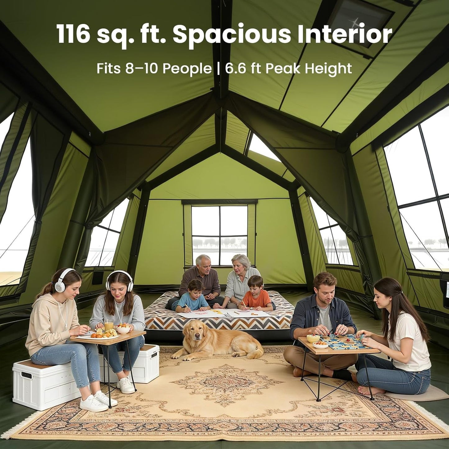 Lilypelle 8-10 Person Blow Up Inflatable Tent, with Removable Canopy and Stove Jack, 2 Room Instant Setup Air Cabin, Waterproof Oxford Hot Camping Tent for Family Glamping