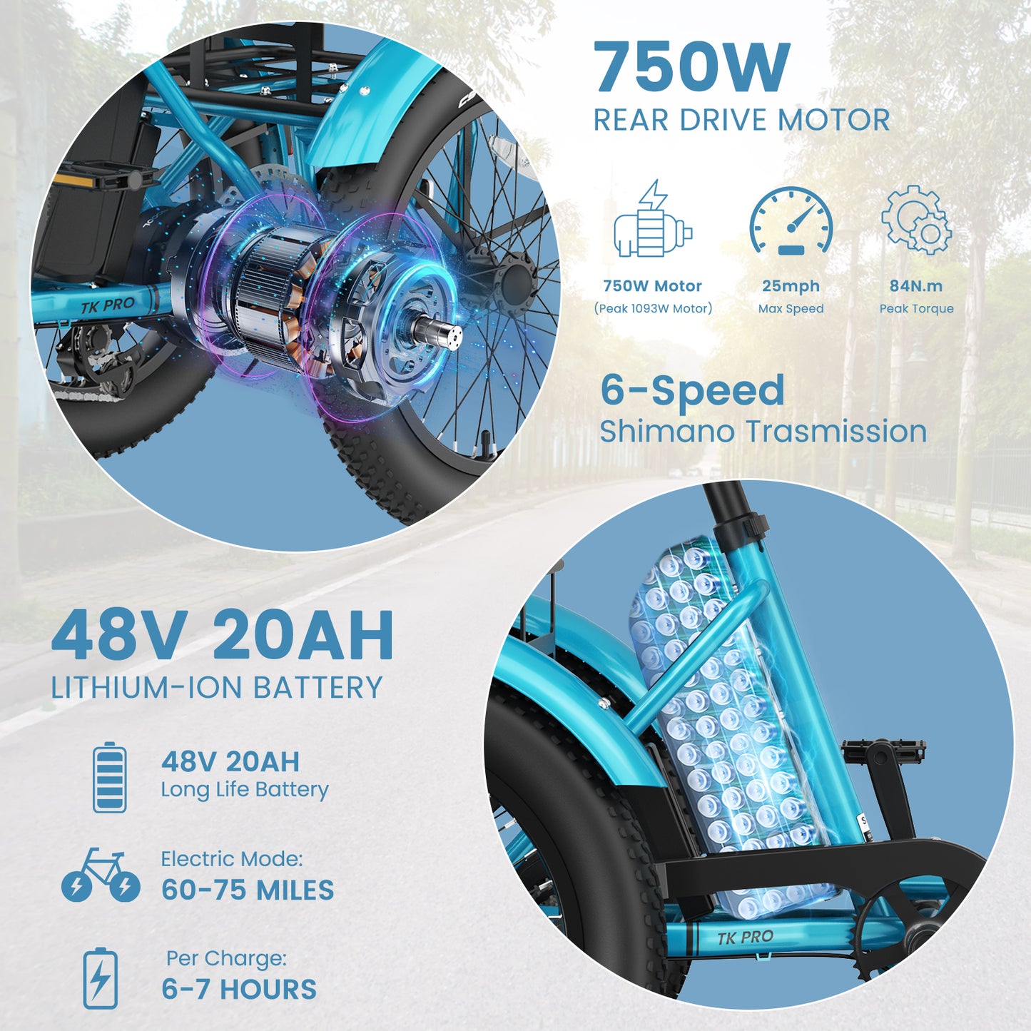 Lilypelle TK-Pro Electric Tricycle for Adults,750W 48V Folding E-Mountain bike UL2849 , 20" 6 Speed 3 Wheels Electric Bicycle with Front & Rear Basket and Removable 20AH Battery