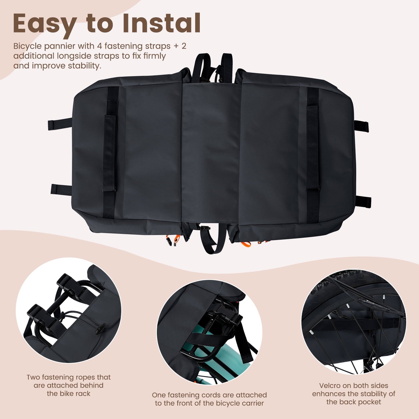 Lilypelle 11Gal 900D Waterproof Cycling Bicycle Saddle Bag ,Bike Storage Pouch,Rear Rack Seat Trunk，Black/Beige