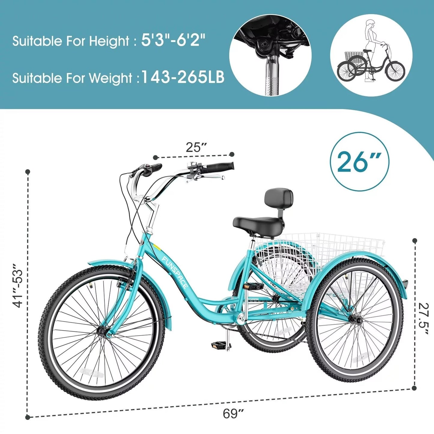Lilypelle Adult Tricycles 7 Speed 26 inch Three Wheel Bike Cruiser Trike with Low-Step Through Frame/Large Basket for Men, Women, Seniors