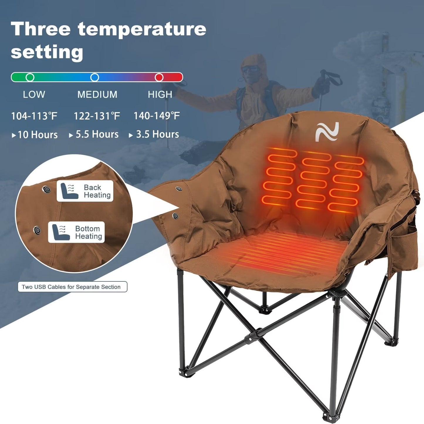 LILYPELLE Oversized Heated Camping Chair, Patio Lounge Chairs with 3 Heat Levels, Portable Folding Heated Chair Round Moon Saucer Folding Lawn Chair Outdoor Chair for Camping, Lounge Patio