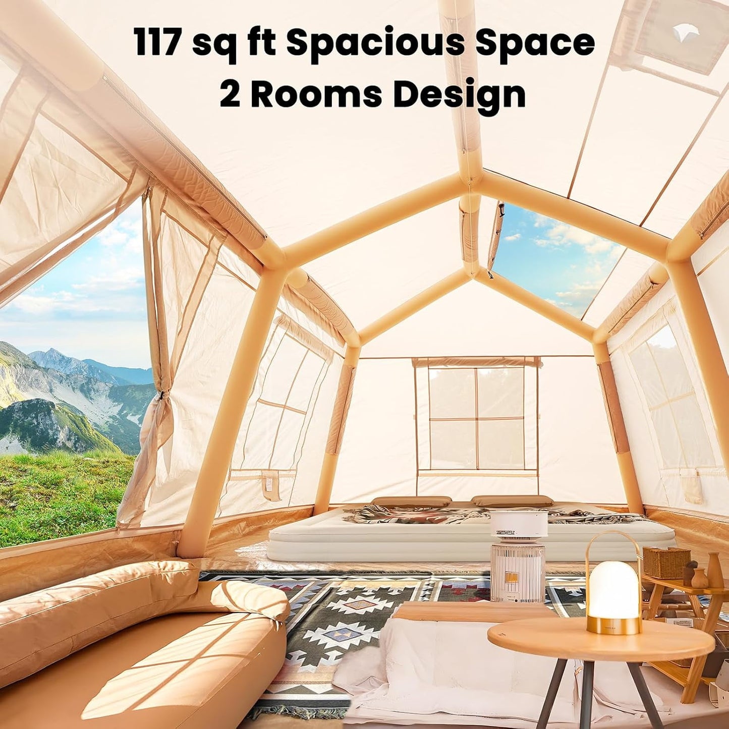 Lilypelle 8-10 Person Blow Up Inflatable Tent, with Removable Canopy and Stove Jack, 2 Room Instant Setup Air Cabin, Waterproof Oxford Hot Camping Tent for Family Glamping,13ft X 9ft X 6.5ft