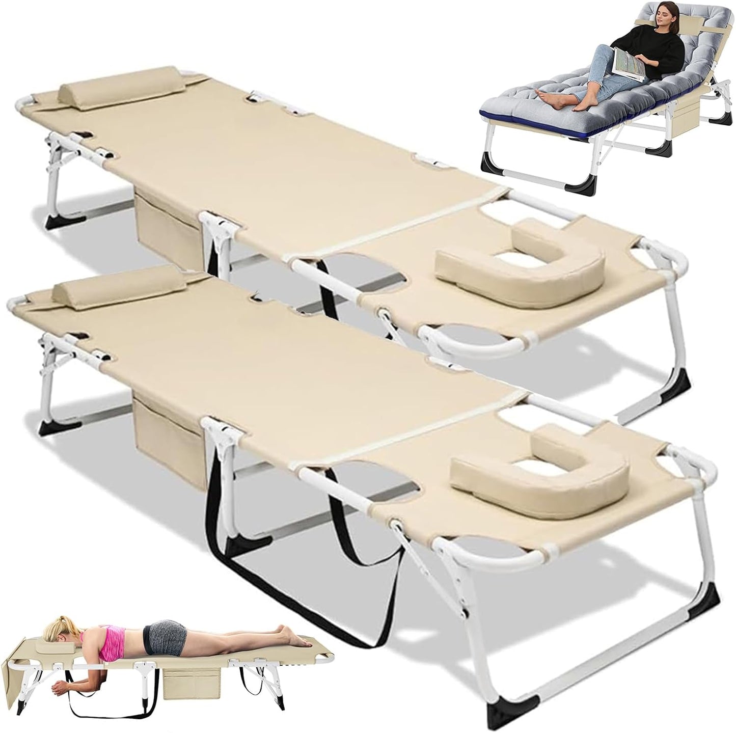 LILYPELLE Tanning Chair with Face Hole, Heavy Duty Outside Lounge Chair with Mattress, Folding Outdoor Face Down Tanning Chair Arm Hole for Beach Poolside Patio Sunbathing Lawn Camping