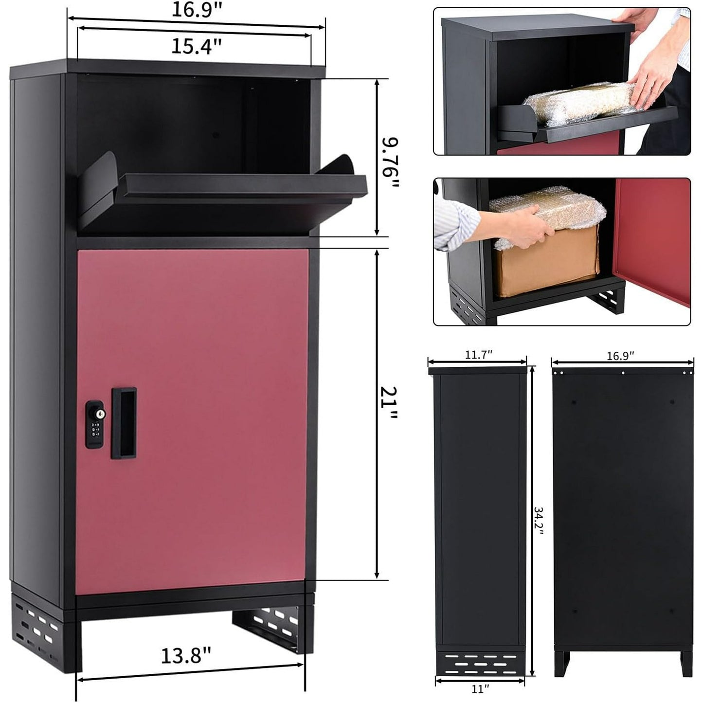 Lilypelle Outside Package Delivery Boxes , 7" x 11" x 34" Large Galvanized Steel Wall and Floor Mount Locking Mailbox, Anti-Theft Delivery Box for Porch, IPX3 Waterproof