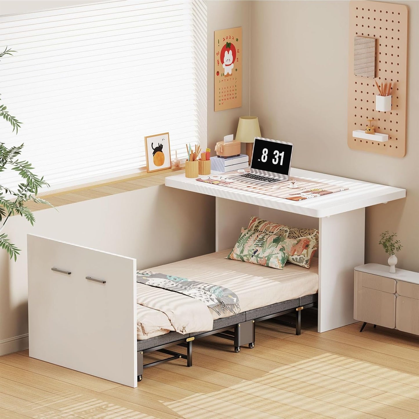 Lilypelle Murphy Bed Cabinet, Folding Bed Roll Away Beds with Mattresses for Adult, Pull Out Murphy Chest Bed Daybed w/ Trundle Guest Bed for Apartment Study Room Office Nap Bed (Cot Size: 75" x 29")