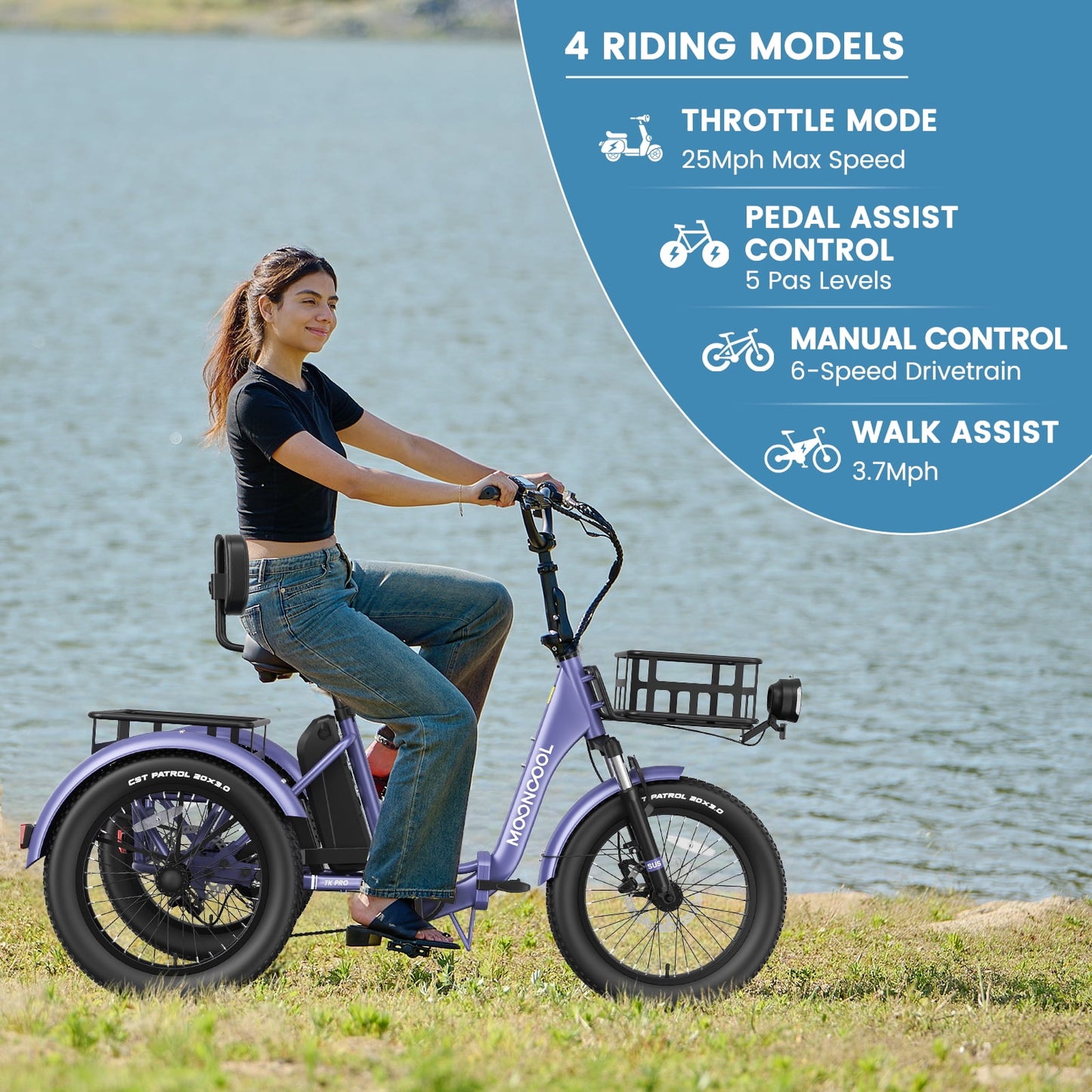 Lilypelle TK-Pro Electric Tricycle for Adults,750W 48V Folding E-Mountain bike UL2849 , 20" 6 Speed 3 Wheels Electric Bicycle with Front & Rear Basket and Removable 20AH Battery