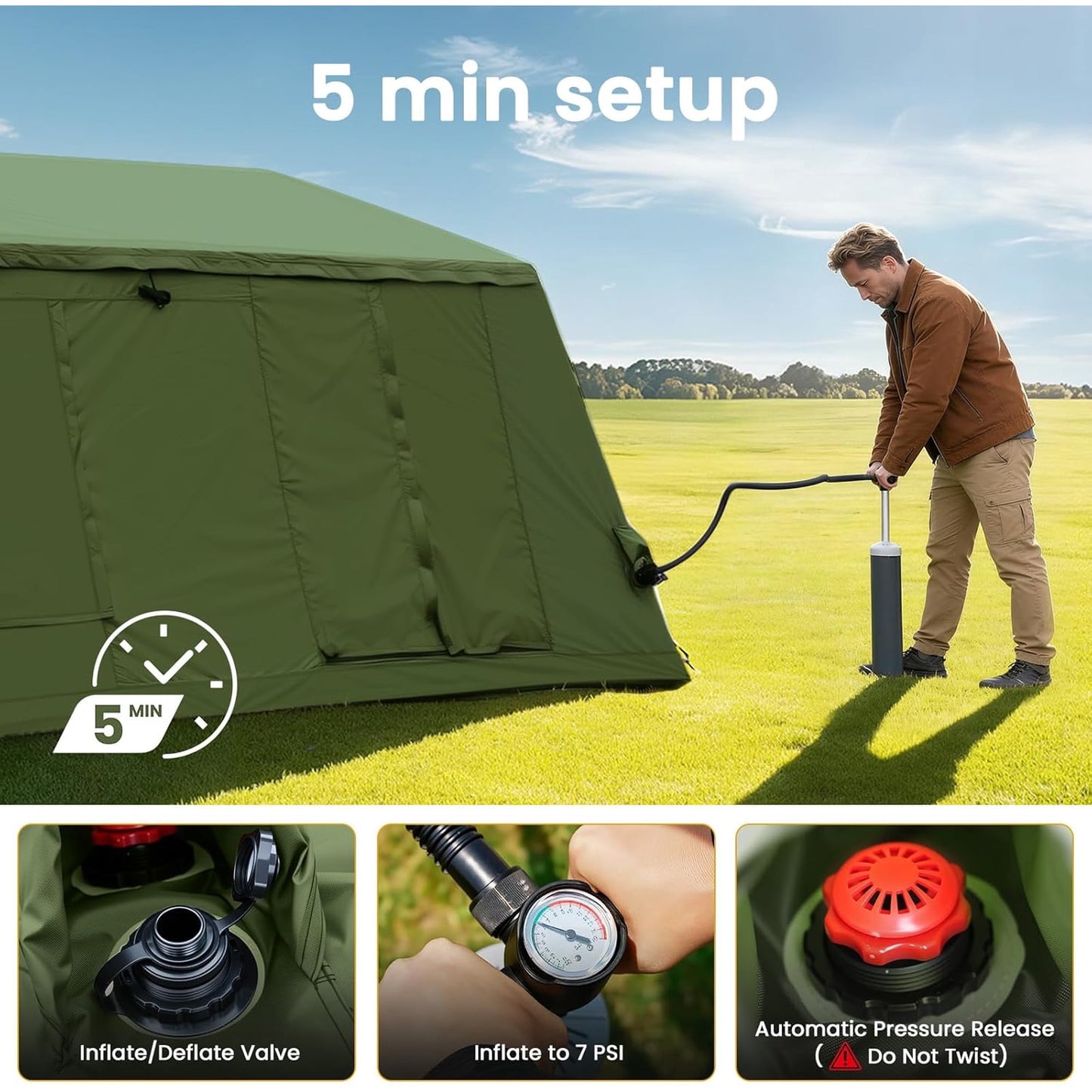 Lilypelle 8-10 Person Blow Up Inflatable Tent, with Removable Canopy and Stove Jack, 2 Room Instant Setup Air Cabin, Waterproof Oxford Hot Camping Tent for Family Glamping