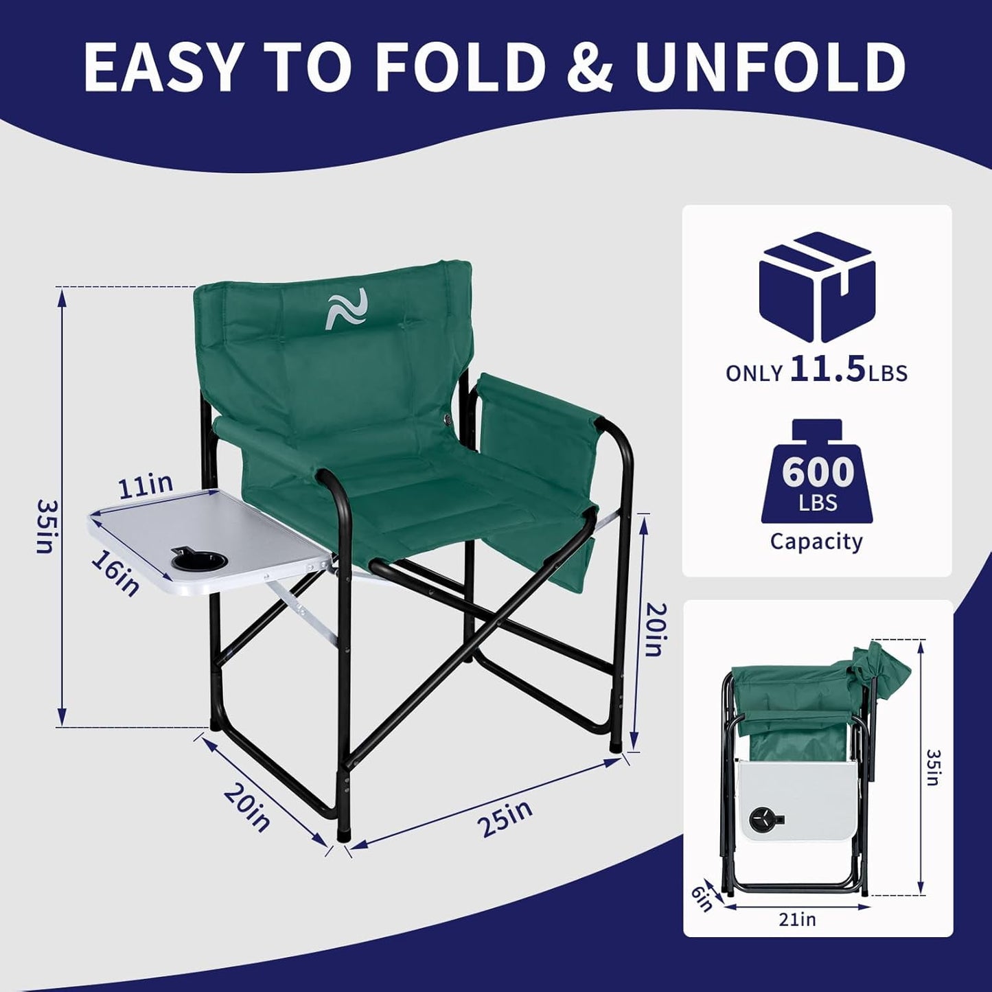 Lilypelle Oversized Heated Camping Chair, Portable Directors Chair with 3 Heat Levels, Heavy Duty Outdoor Heating Folding Chair Camp with Side Table, Pocket for Camping, Fishing, Picnic