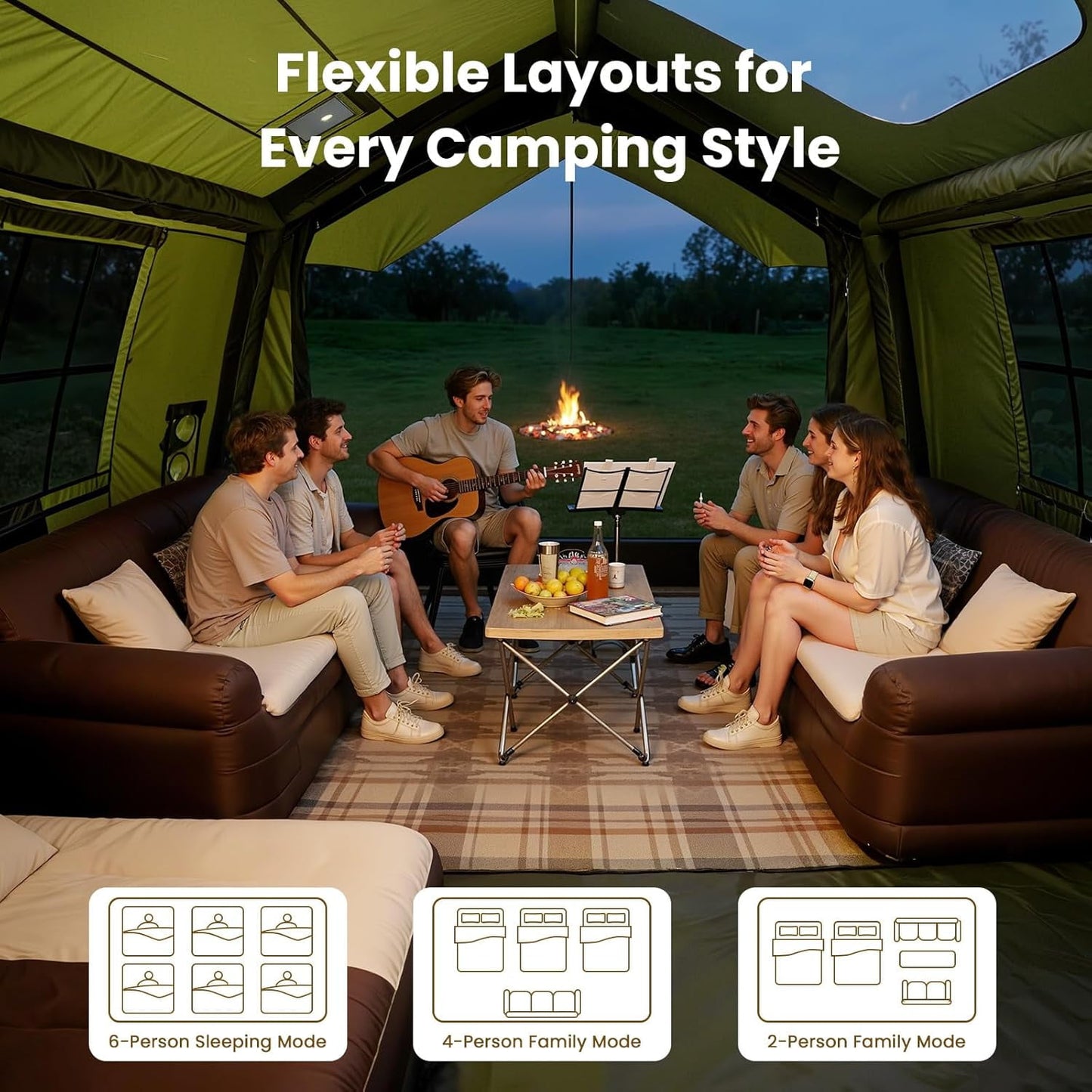 Lilypelle 4-6 Person Blow Up Inflatable Tent w/ Canopy,10.5ft x 8.2ft x 6.9ft Hot Tent w/ Stove Jack, Easy Setup Air Camping Tent w/ Hand Pump, Waterproof Inflatable House for Family Glamping，Green