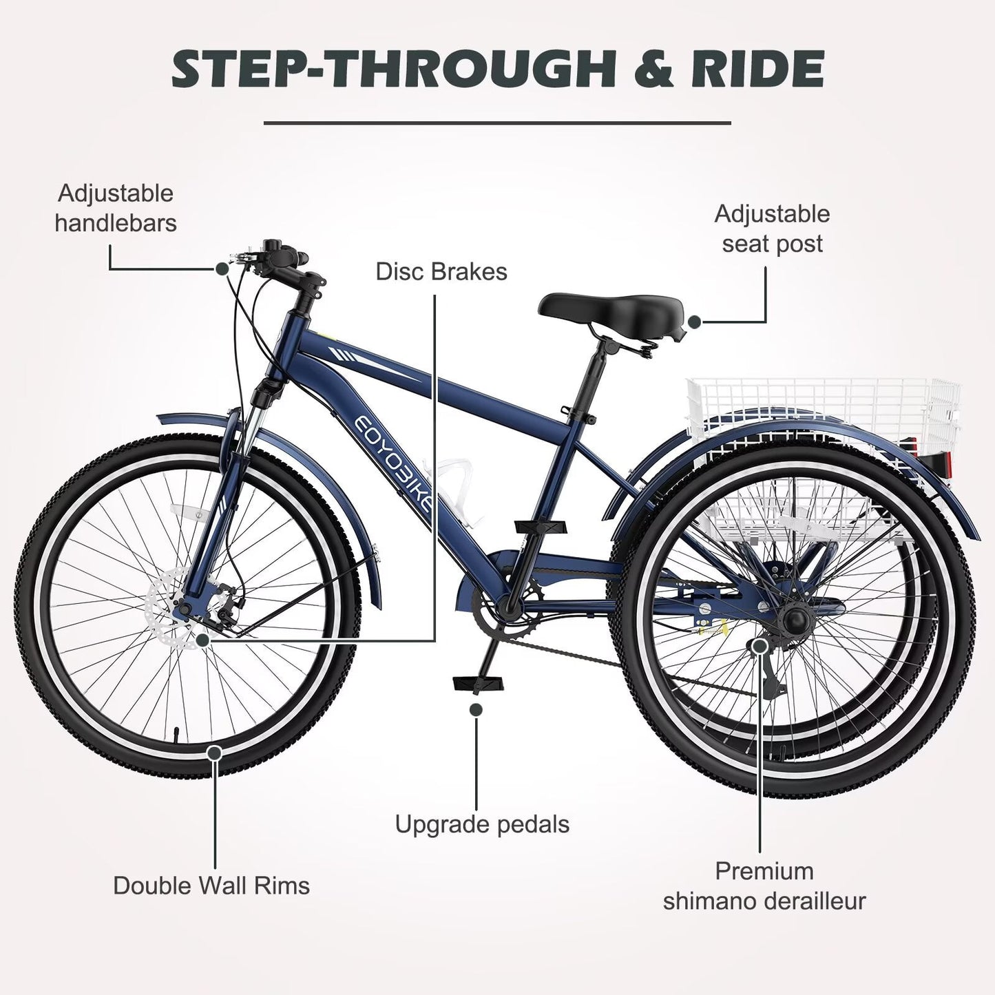 Lilypelle Mountain Tricycle for Adults, MTB 7 Speed Three Wheel Bike, 24/26/27.5 Inch Adults Trikes w/ Disc Brake & Cargo Basket for Women, Men, Seniors