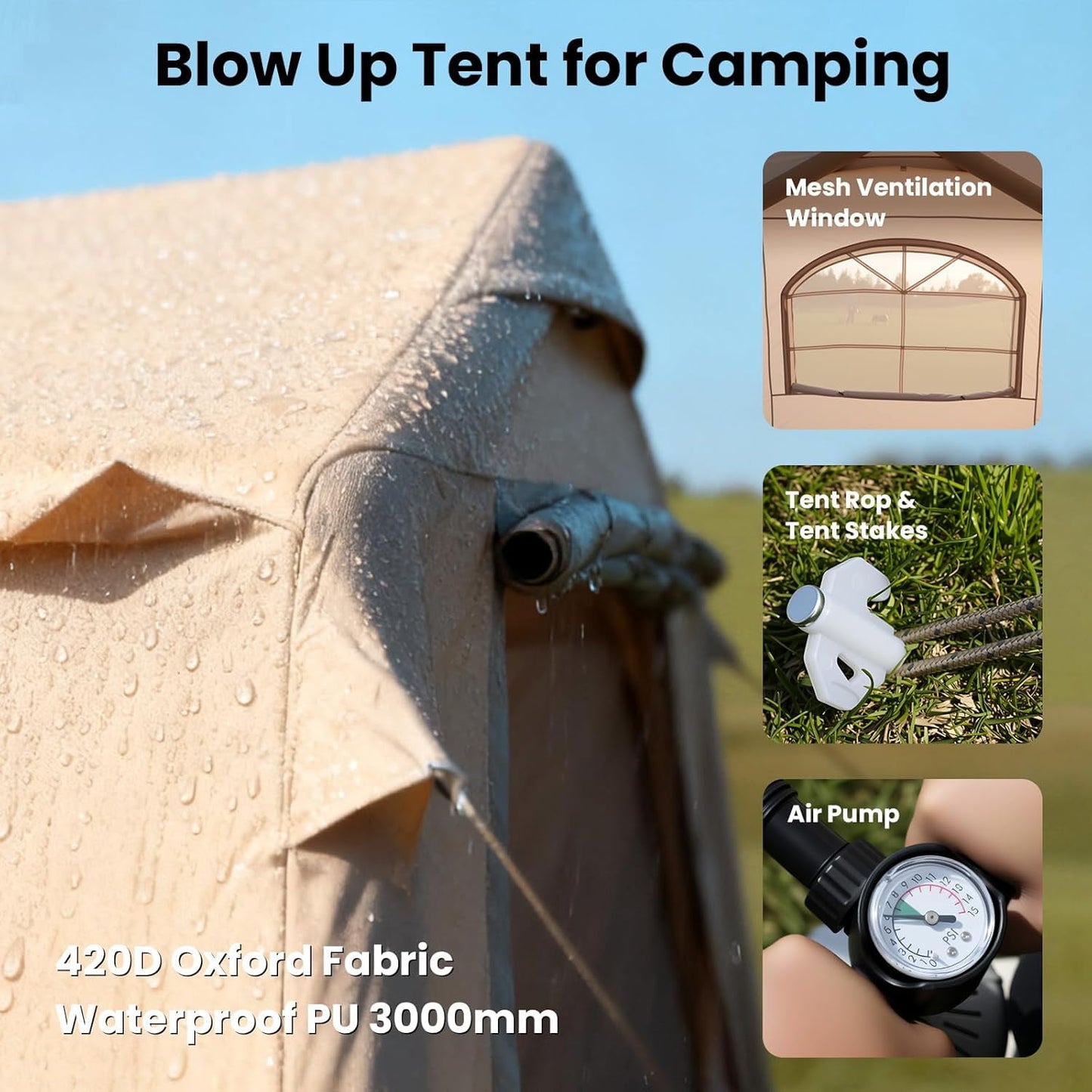 Lilypelle 10 Person Blow Up Camping Inflatable Tent w/ Canopy & Stove Jack & AC Port,2 Room Tent + Canopy - 13ft X 9ft X 6.5ft Waterproof Oxford 2 Room Air Tent,Easy Setup Glamping Inflatable House