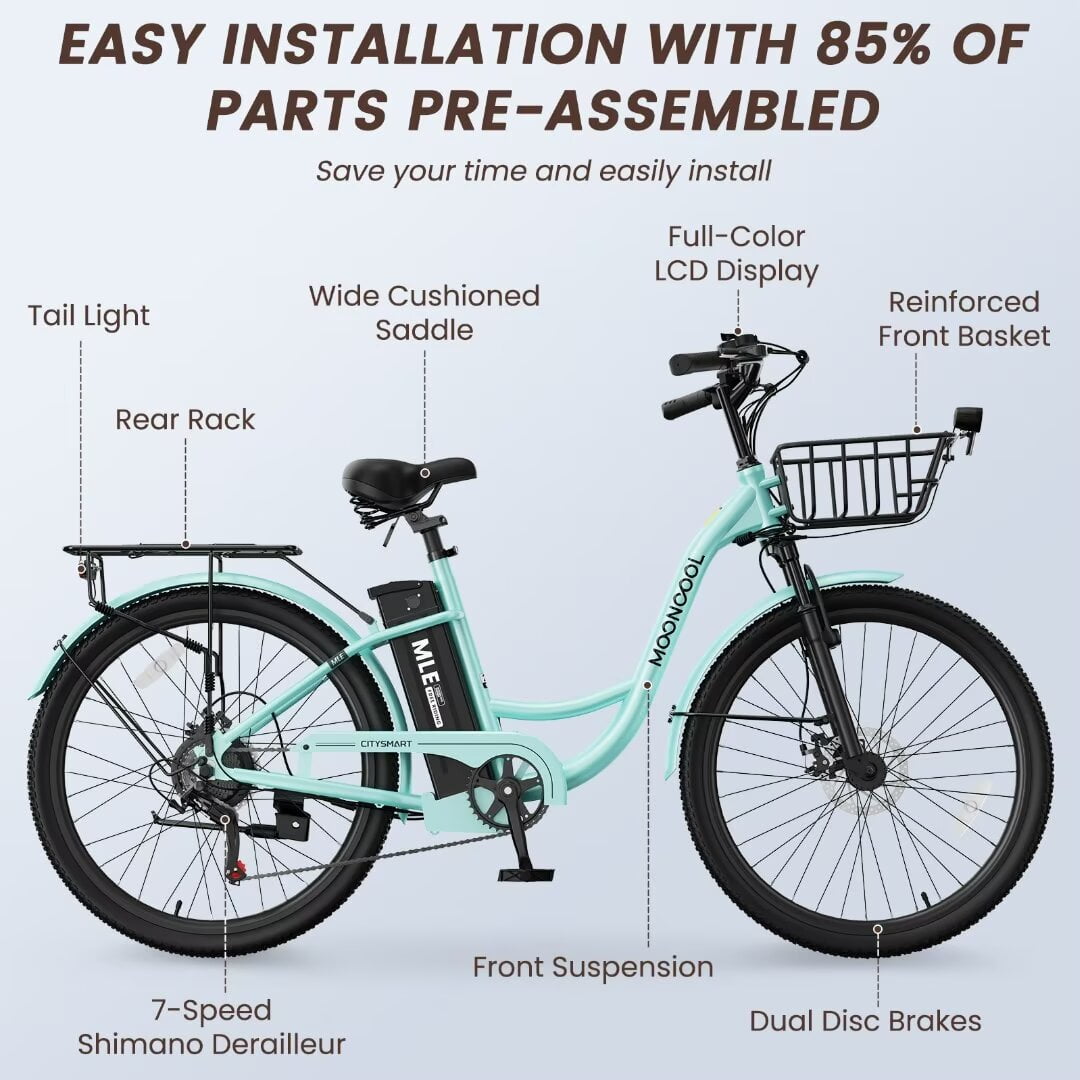Lilypelle Electric Bike for Unisex Adults,24/26" 7-Speed Step Thru Electric Bicycle ,36V,20MPH