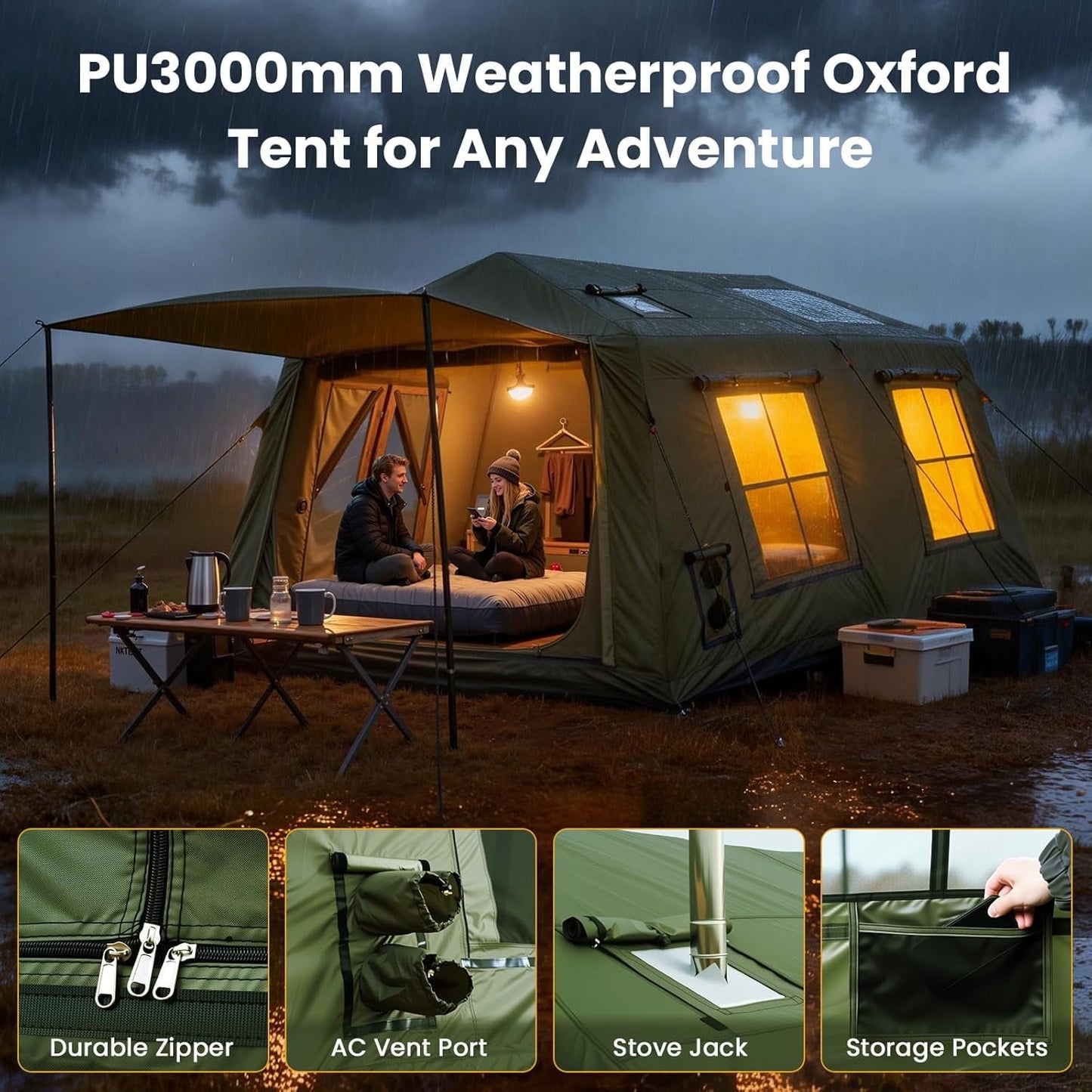 Lilypelle 8-10 Person Blow Up Inflatable Tent, with Removable Canopy and Stove Jack, 2 Room Instant Setup Air Cabin, Waterproof Oxford Hot Camping Tent for Family Glamping