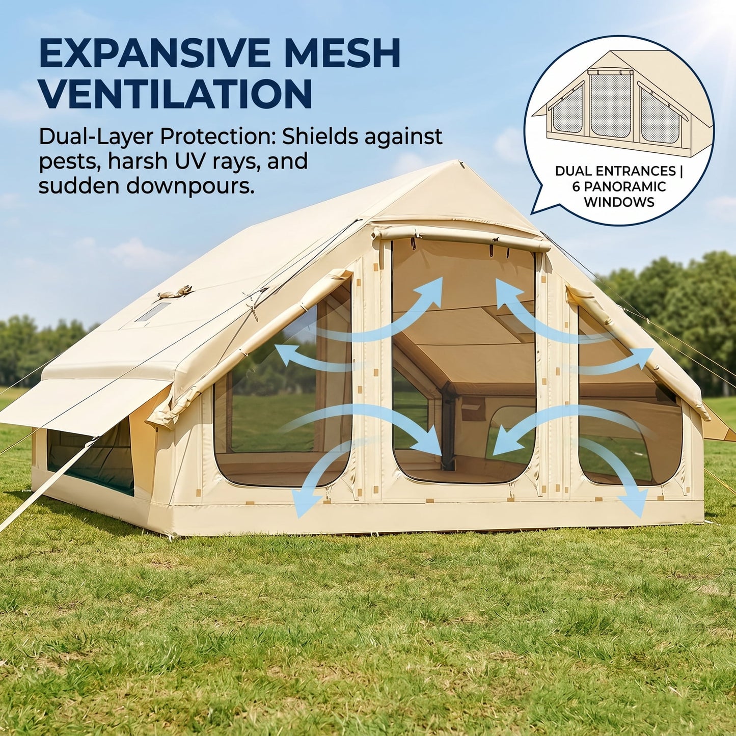 Lilypelle 4-6 Person Blow Up Inflatable Tent with Stove Jack, Hot Tent for Camping with Hand Pump, Waterproof Inflatable Camp Tent with Mesh Windows, Easy Setup Glamping Inflatable House