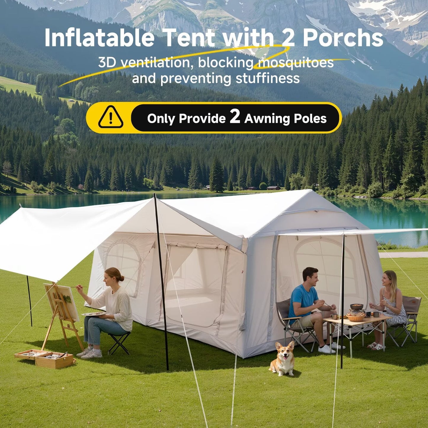 Lilypelle 12 Person Blow Up Camping Inflatable Tent w/ Canopy & Stove Jack & AC Port,18.4′x 9.8′x 6.9′Waterproof Oxford 2 Room Air Tent , Easy Setup Glamping Inflatable House w/ Stove Jack