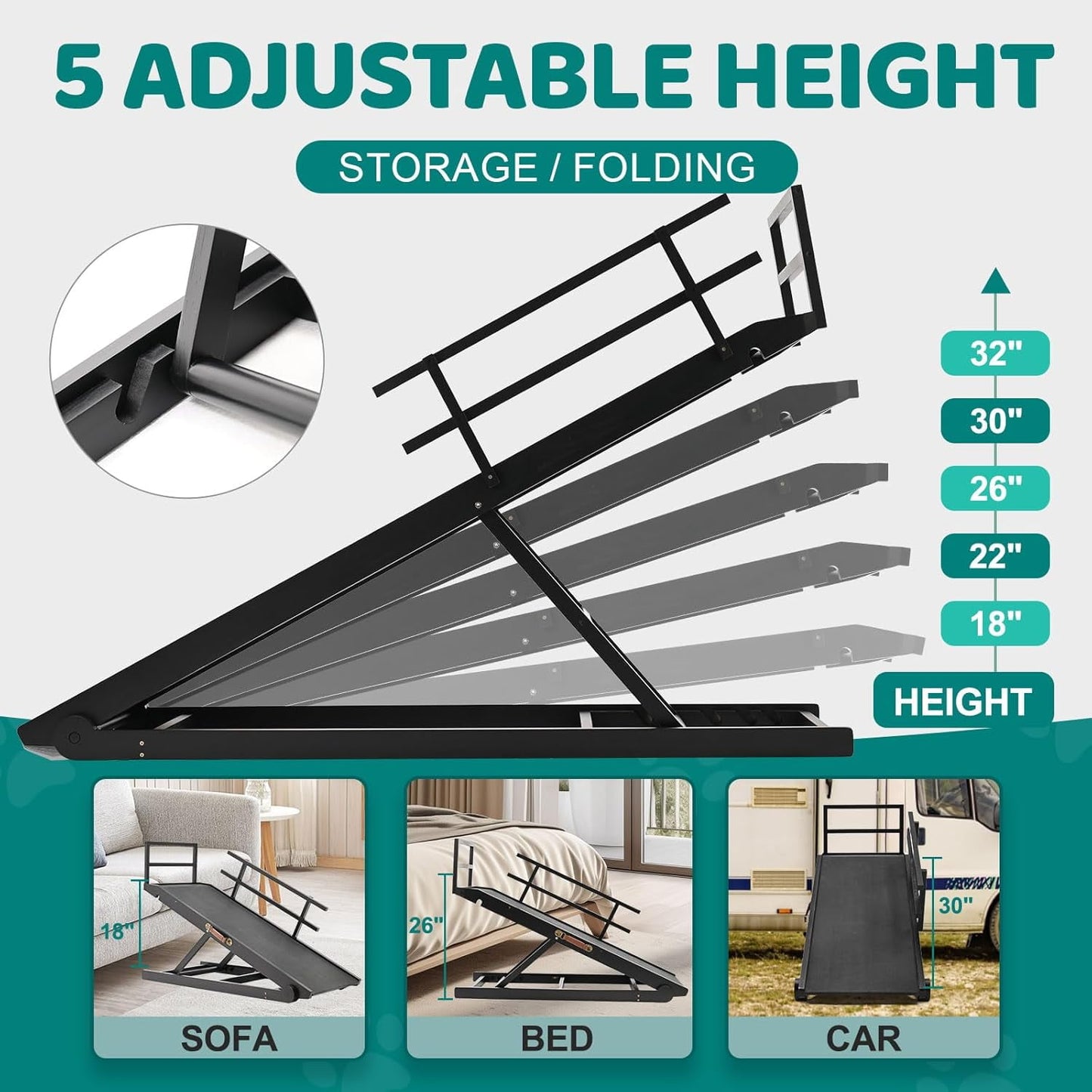 LILYPELLE Foldable Pet Ramp Bed for Dogs Cats with Non-slip Rubber,15.7"-27.5" Height Adjustable , 55.1"Lx17.7"W,Black