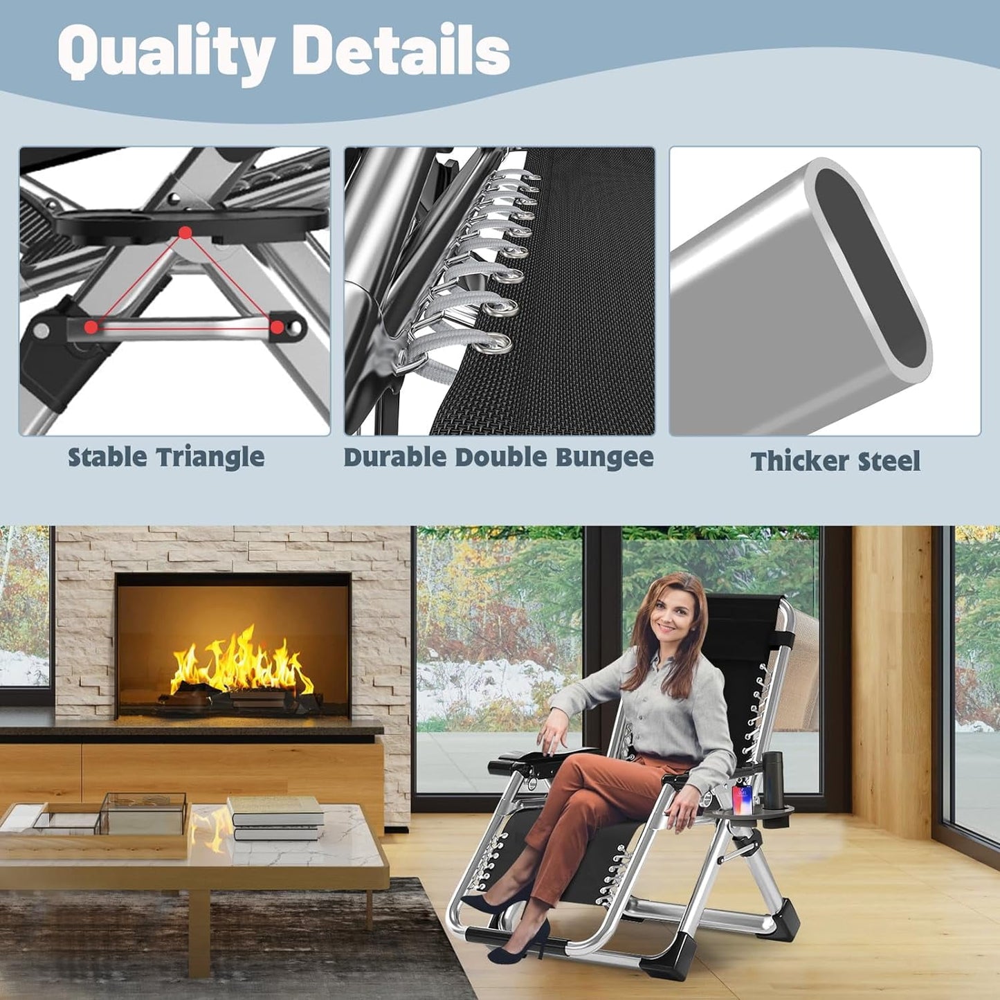 Lilypelle Zero Gravity Chair, Folding Adjustable Reclining Lounge Chair with Removable Cushion, Headrest and Cup Holder, Supports up to 440lbs，Black