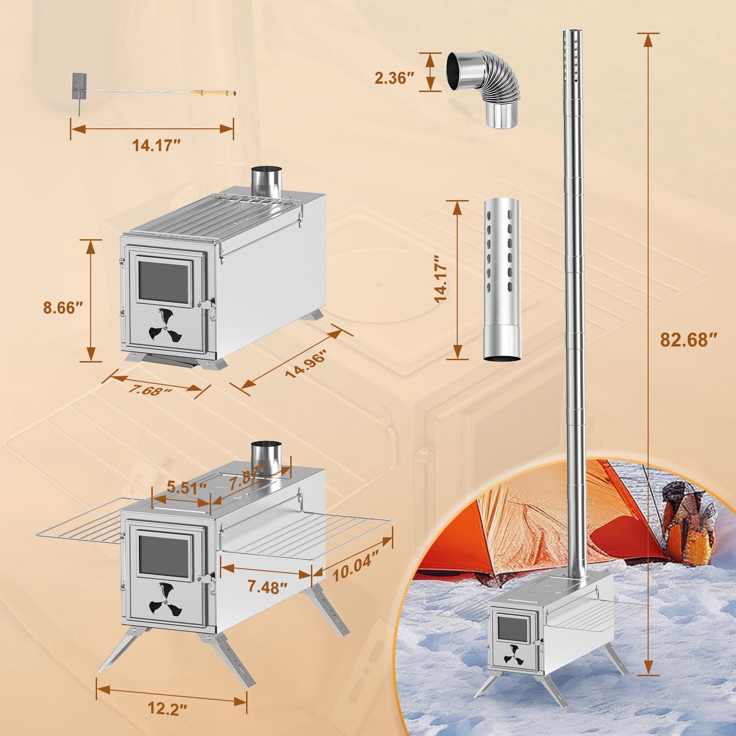 Lilypelle Portable Wood Stove Camping Hot Tent BBQ Stove with 7 Chimney Pipe for Tents, Travel, Camping