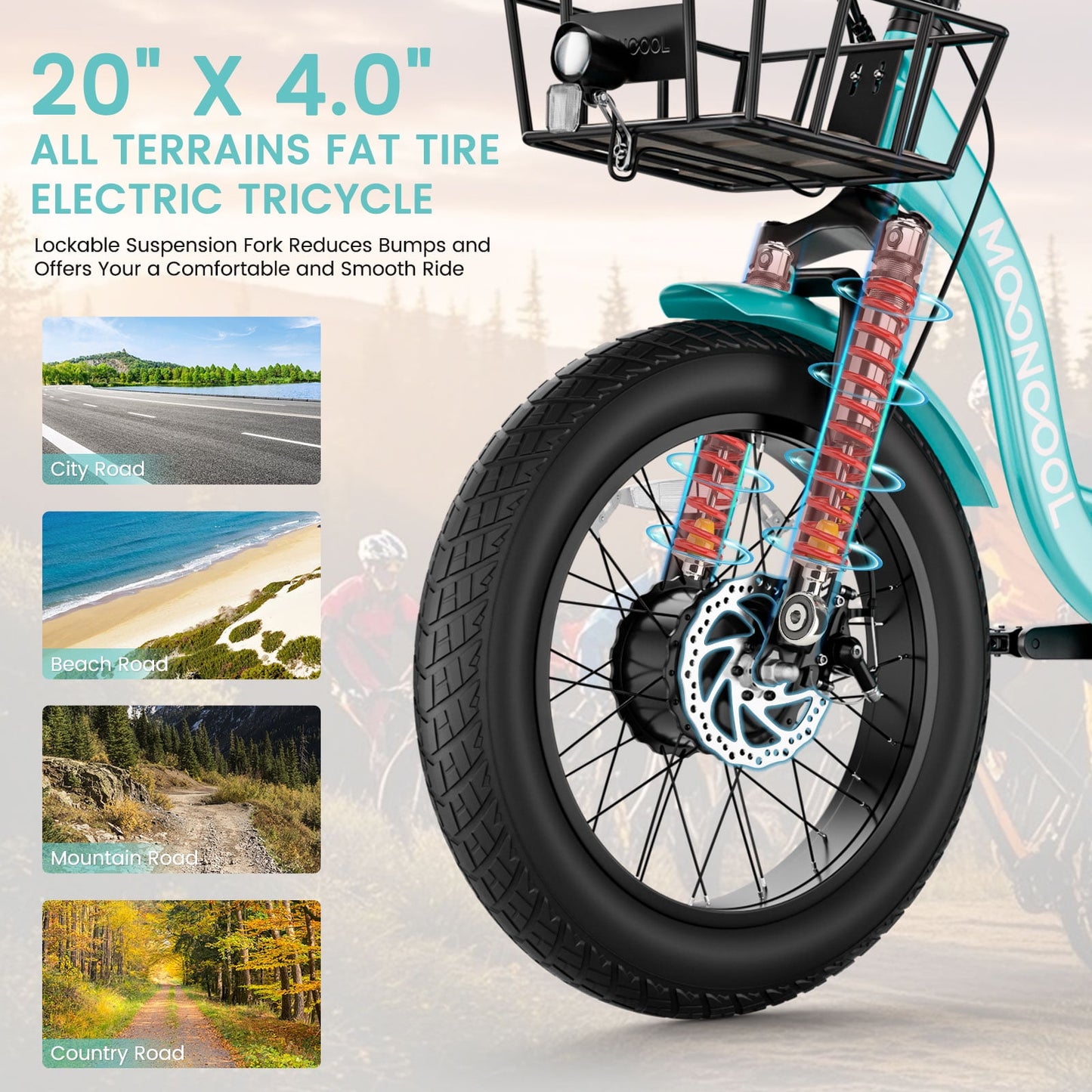 MOONCOOL Electric Tricycle for Adults, 20" x 4" Fat Tire Electric Trike, 48V 500W Motorized Electric Bicycle, 3 Wheels 7 Speed Ebike with Removable Battery, Aluminum Frame & Large Basket, UL2849