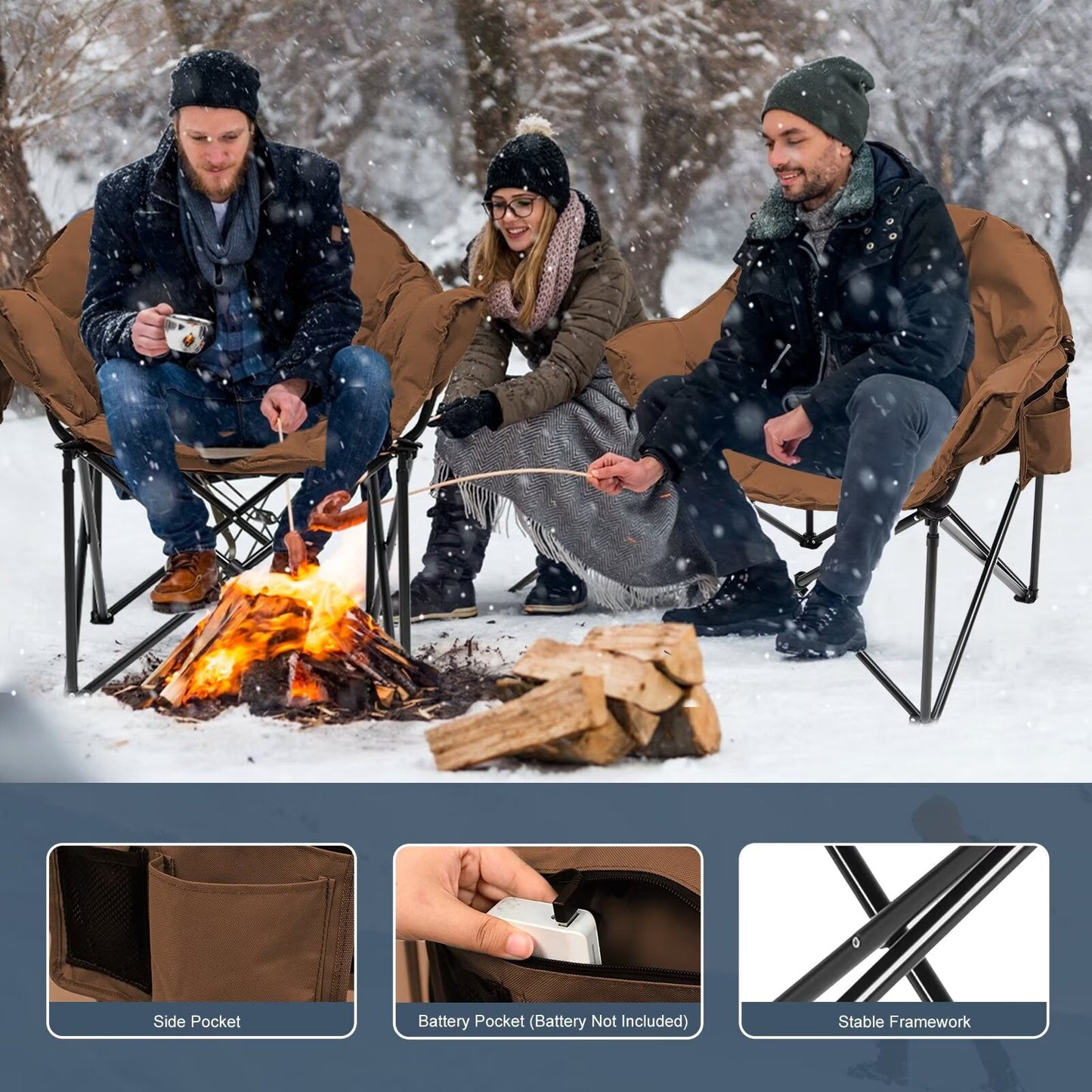 LILYPELLE Oversized Heated Camping Chair, Patio Lounge Chairs with 3 Heat Levels, Portable Folding Heated Chair Round Moon Saucer Folding Lawn Chair Outdoor Chair for Camping, Lounge Patio