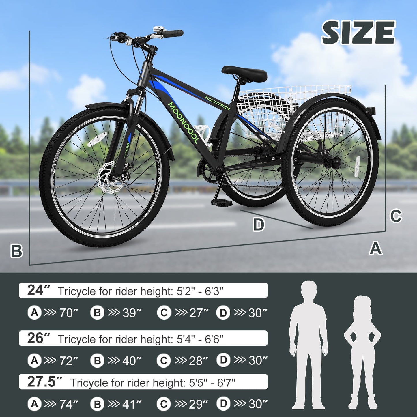 Lilypelle Mountain Tricycle for Adults, MTB 7 Speed Three Wheel Bike, Trike with Cargo Basket & Disc Brake for Women, Men, Seniors