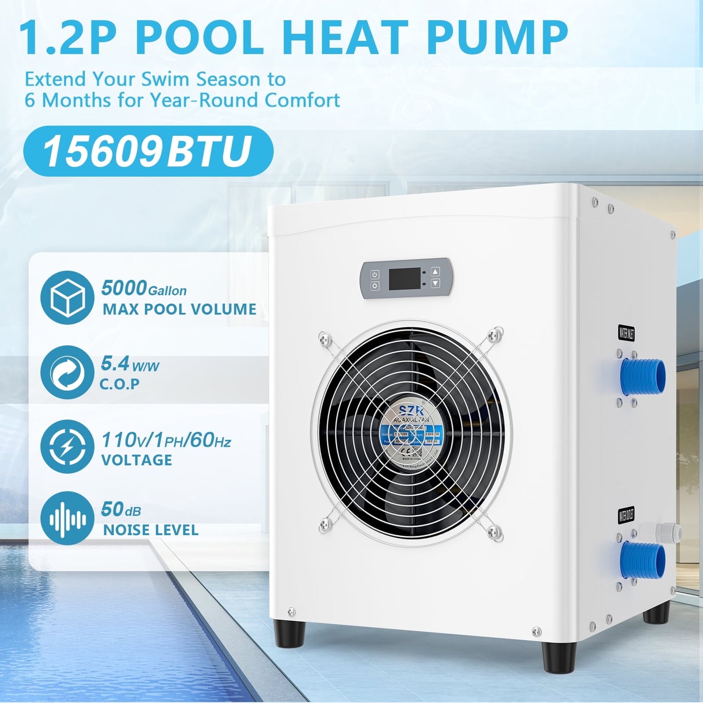Lilypelle 16000 BTU Electric Pool Heaters for 5000GAL Above Ground Pools,110V 60HZ Efficient, Quiet Pool Heat Pump With Anti-leakage system and Child Lock Up to 107℉，50dB，5.6COP