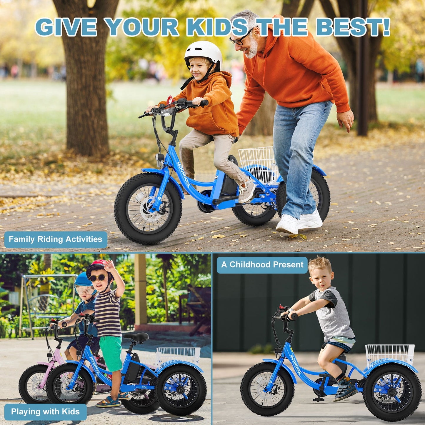 MOONCOOL Electric Tricycle for Kids ,16"x3" 3 Wheel 250W 10.4Ah Etrike W/ LED headlight & Rear Basket & horn bell & DIY stickers，6/9/12.5 MPH