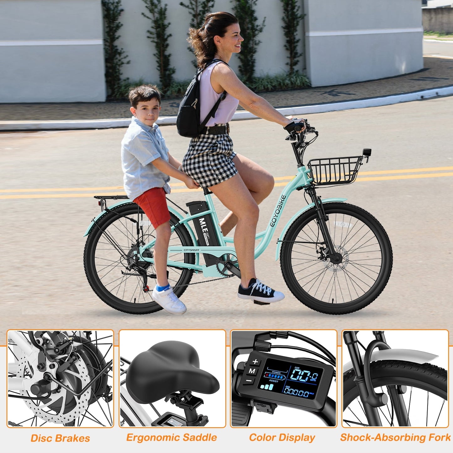 MOONCOOL Electric Bicycle for Adults 350W , 7-Speed Ebike with 36V 10.4Ah Removable Battery， 40 Miles Range , 20 mph Electric Commuter Bike for Women Men