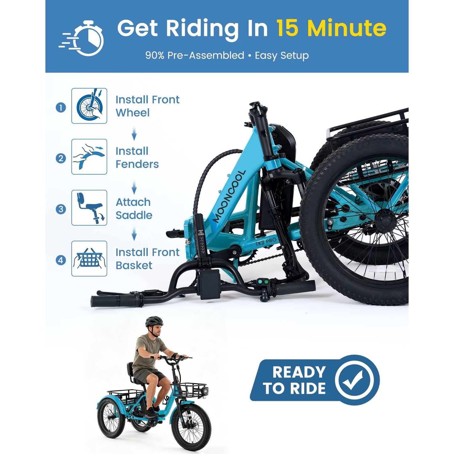 MOONCOOL TK2 PRO Adult Folding E-Trike with Reverse, 6-Speed, 48V 20Ah Battery, 1500W Peak, 20" Fat Tire, Torque & Cadence Sensor, 70 Mile, 16 MPH, Supports 5A Fast Charging