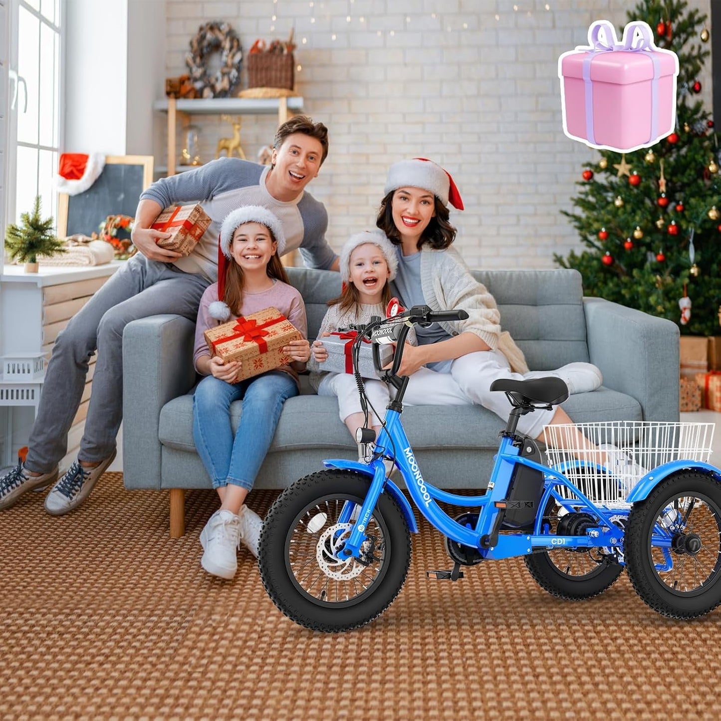 MOONCOOL Electric Tricycle for Kids ,16"x3" 3 Wheel 250W 10.4Ah Etrike W/ LED headlight & Rear Basket & horn bell & DIY stickers，6/9/12.5 MPH